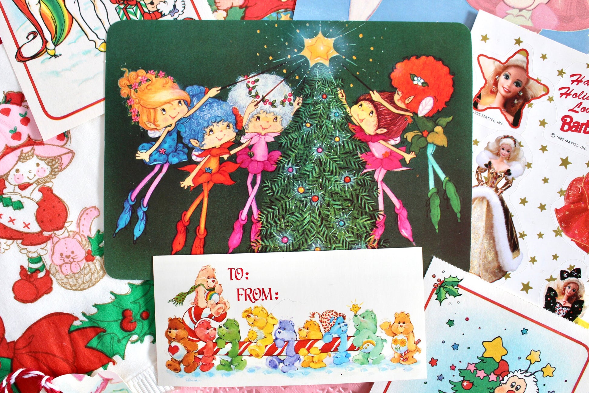 Vintage Christmas Ephemera Pack, 80s Kids Paper Stickers, Barbie, Care Bears, Rainbow Brite, SSC, Retro Holiday Cards Gift Tags Seals