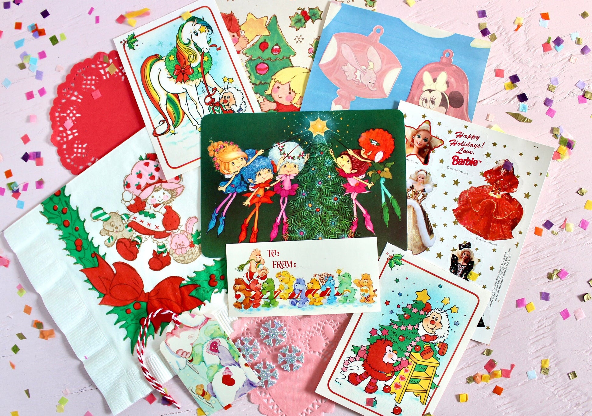 Vintage Christmas Ephemera Pack, 80s Kids Paper Stickers, Barbie, Care Bears, Rainbow Brite, SSC, Retro Holiday Cards Gift Tags Seals