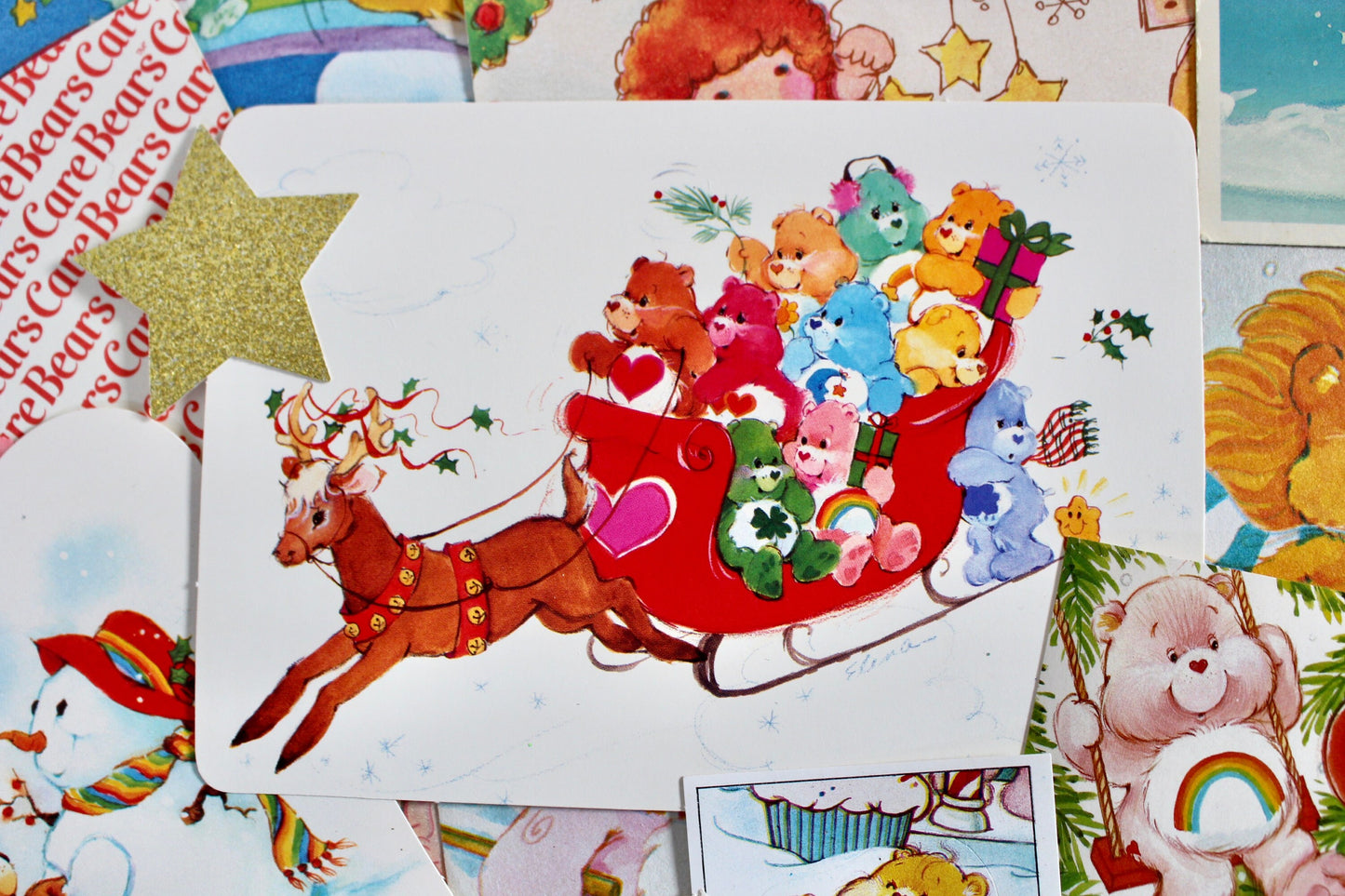 Vintage Christmas Ephemera Pack, 80s Care Bear Postcard Stickers Gift Tags, Retro 80s Kid Cartoon Collectible Paper Bundle, Christmas Crafts