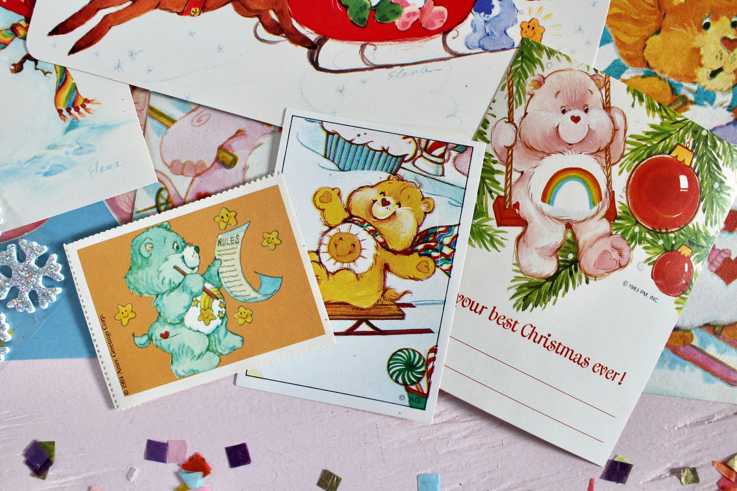 Vintage Christmas Ephemera Pack, 80s Care Bear Postcard Stickers Gift Tags, Retro 80s Kid Cartoon Collectible Paper Bundle, Christmas Crafts