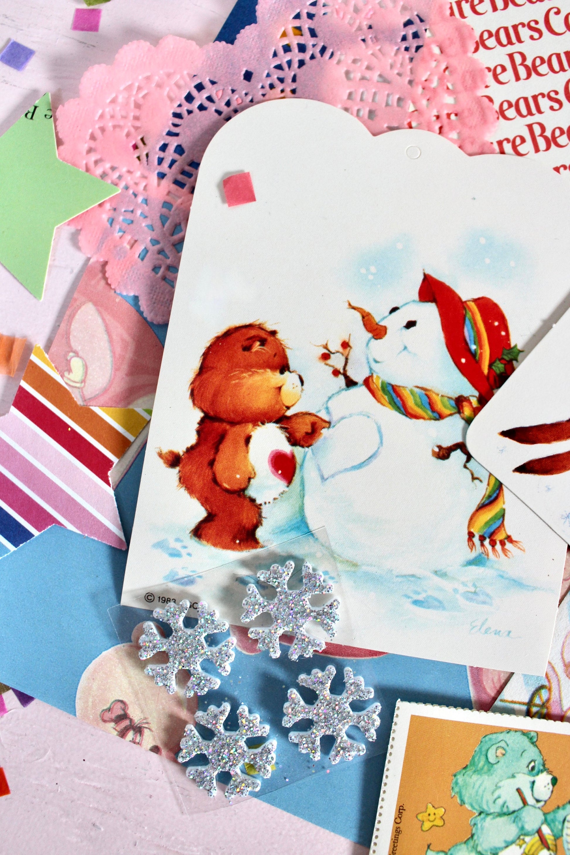 Vintage Christmas Ephemera Pack, 80s Care Bear Postcard Stickers Gift Tags, Retro 80s Kid Cartoon Collectible Paper Bundle, Christmas Crafts