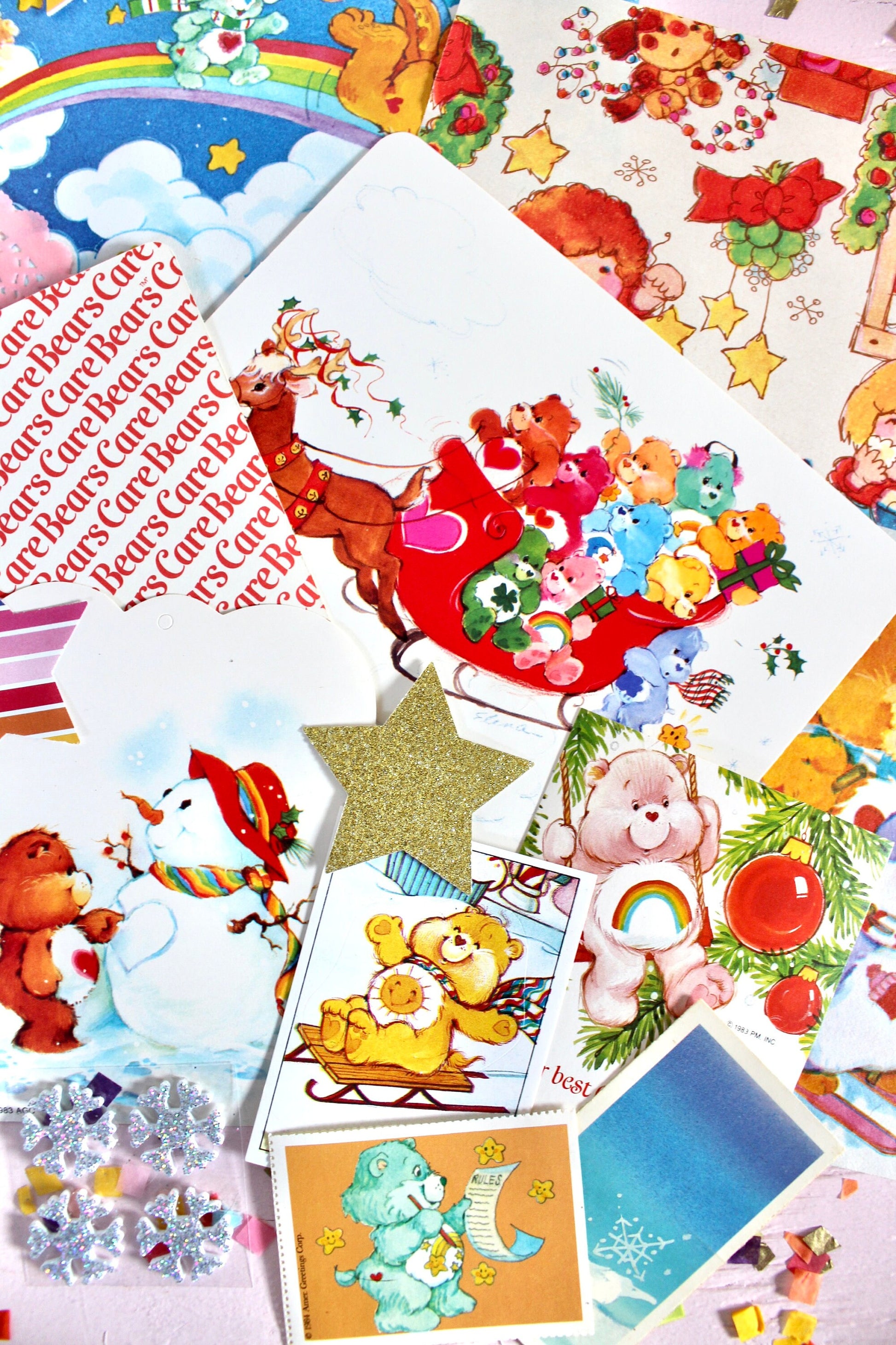 Vintage Christmas Ephemera Pack, 80s Care Bear Postcard Stickers Gift Tags, Retro 80s Kid Cartoon Collectible Paper Bundle, Christmas Crafts