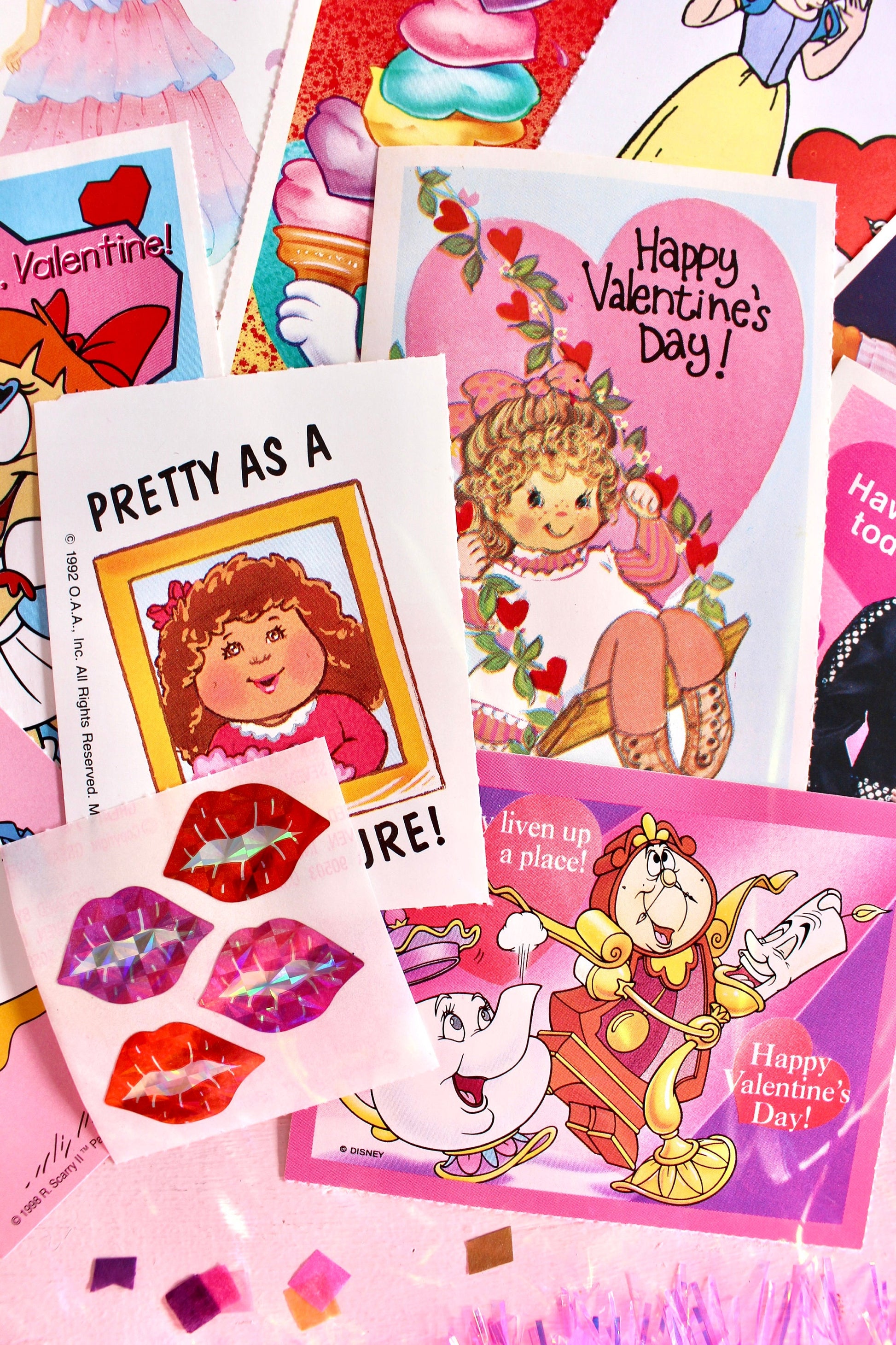 Vintage Classroom Valentine Card Sticker Pack, Retro 90s Valentines Day Cards for Kids, 90s Girl Pink Cartoon Toy Theme Valentines Gift