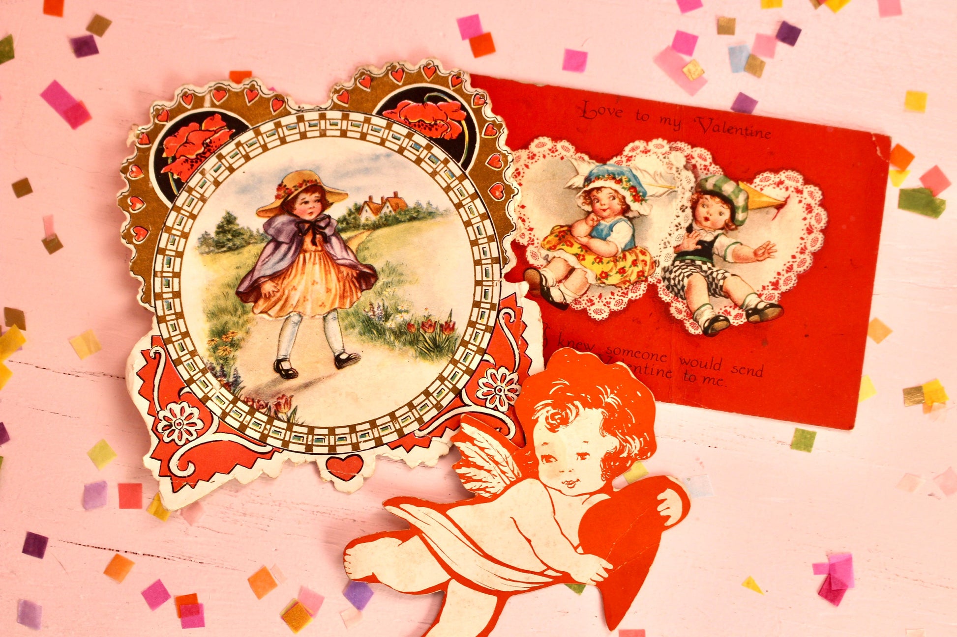 Antique Victorian Valentines Day Card Set of 3, Vintage 1900s Die Cut Cherub Flowers Valentines Decor, Retro Valentine Craft Supplies