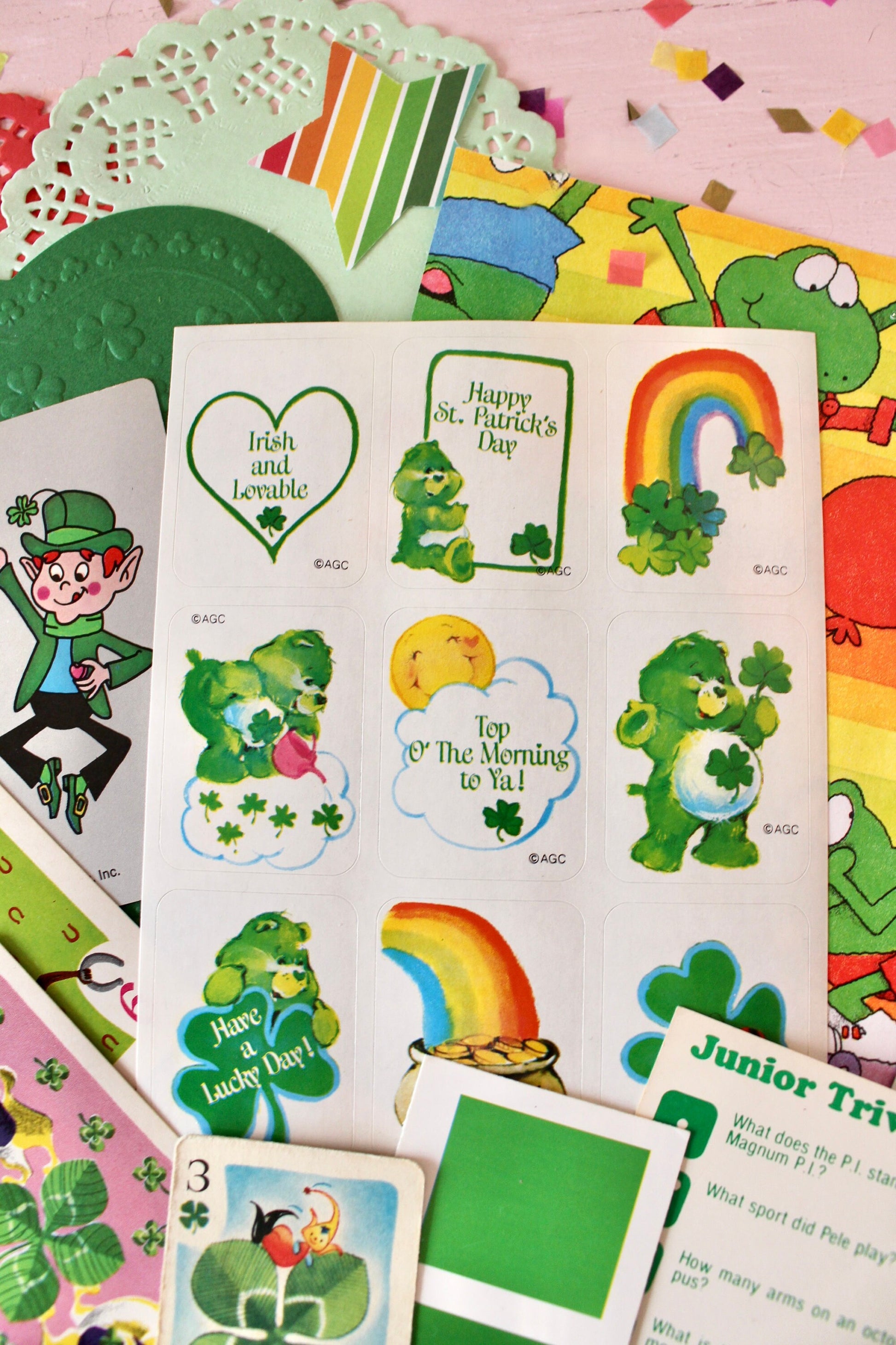 St Patricks Day Stationery Ephemera Pack, Vintage Good Luck Care Bear Stickers, Retro St Pattys Playing Cards, Green Junk Journal Supplies