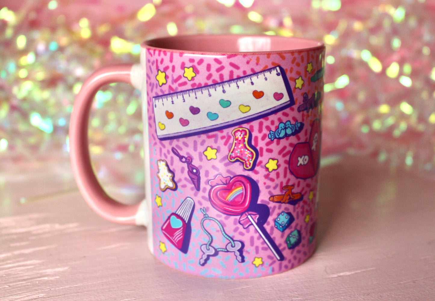 Retro Print Coffee Mug, School Teacher Ceramic Mug, Teacher Mother's Day Gift, 80s 90s Nostalgia Mug for Mom, Pink Purple Rainbow Office Cup