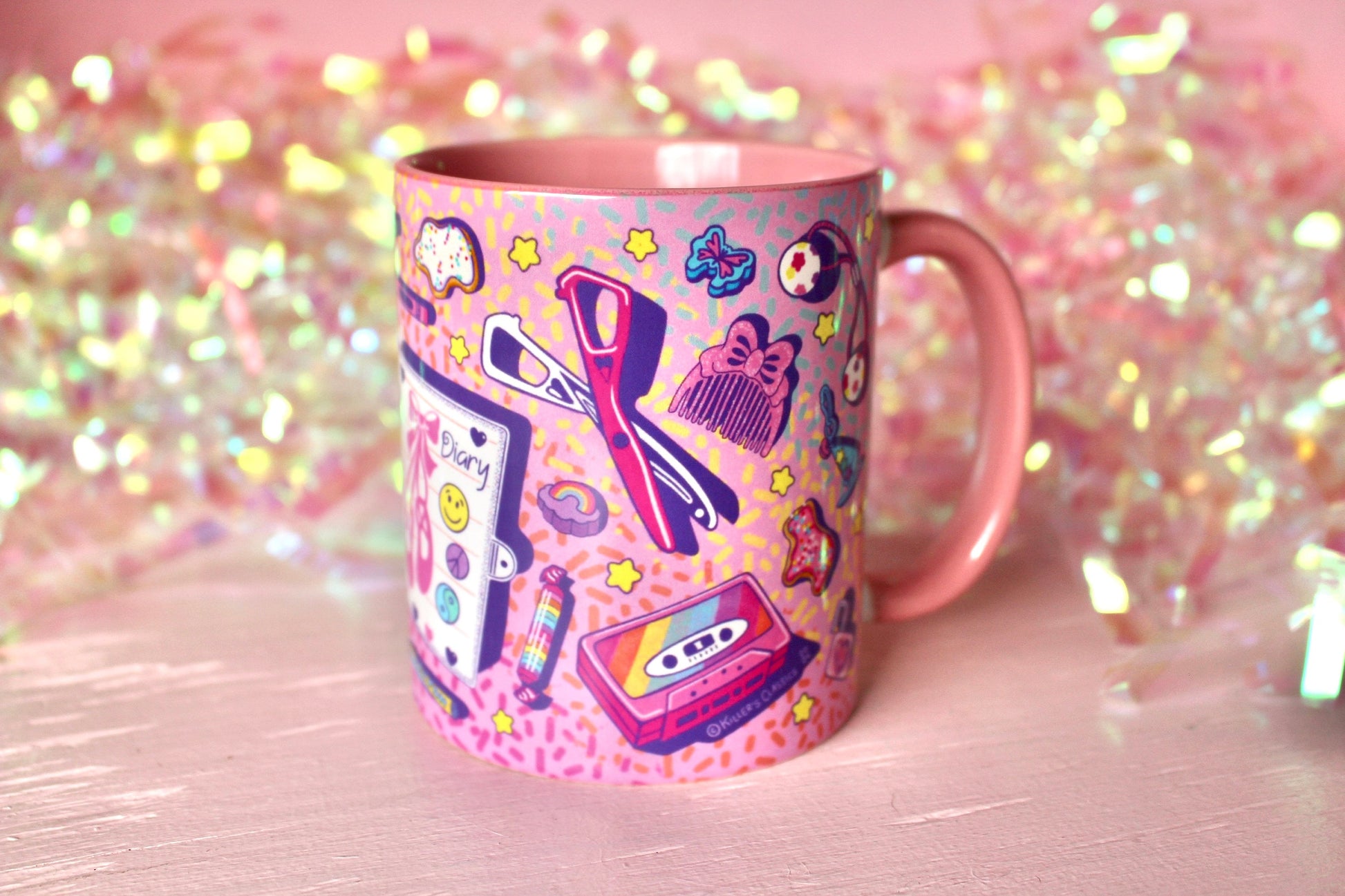 Retro Print Coffee Mug, School Teacher Ceramic Mug, Teacher Mother's Day Gift, 80s 90s Nostalgia Mug for Mom, Pink Purple Rainbow Office Cup