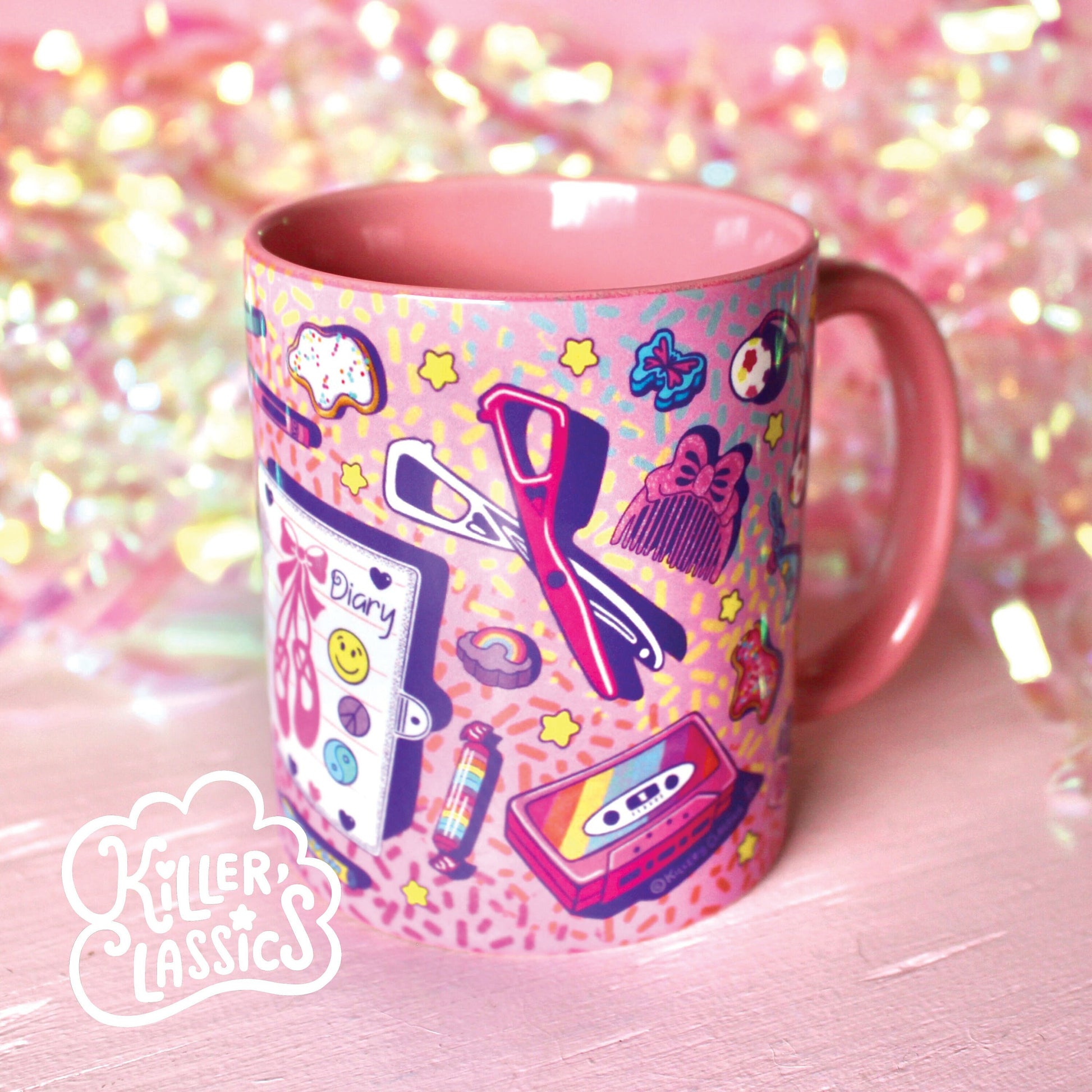 Retro Print Coffee Mug, School Teacher Ceramic Mug, Teacher Mother's Day Gift, 80s 90s Nostalgia Mug for Mom, Pink Purple Rainbow Office Cup