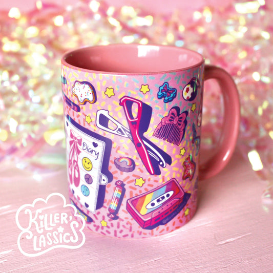 Retro Print Coffee Mug, School Teacher Ceramic Mug, Teacher Mother's Day Gift, 80s 90s Nostalgia Mug for Mom, Pink Purple Rainbow Office Cup