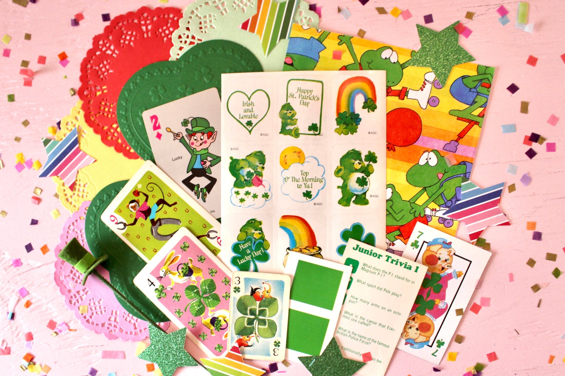 St Patricks Day Stationery Ephemera Pack, Vintage Good Luck Care Bear Stickers, Retro St Pattys Playing Cards, Green Junk Journal Supplies