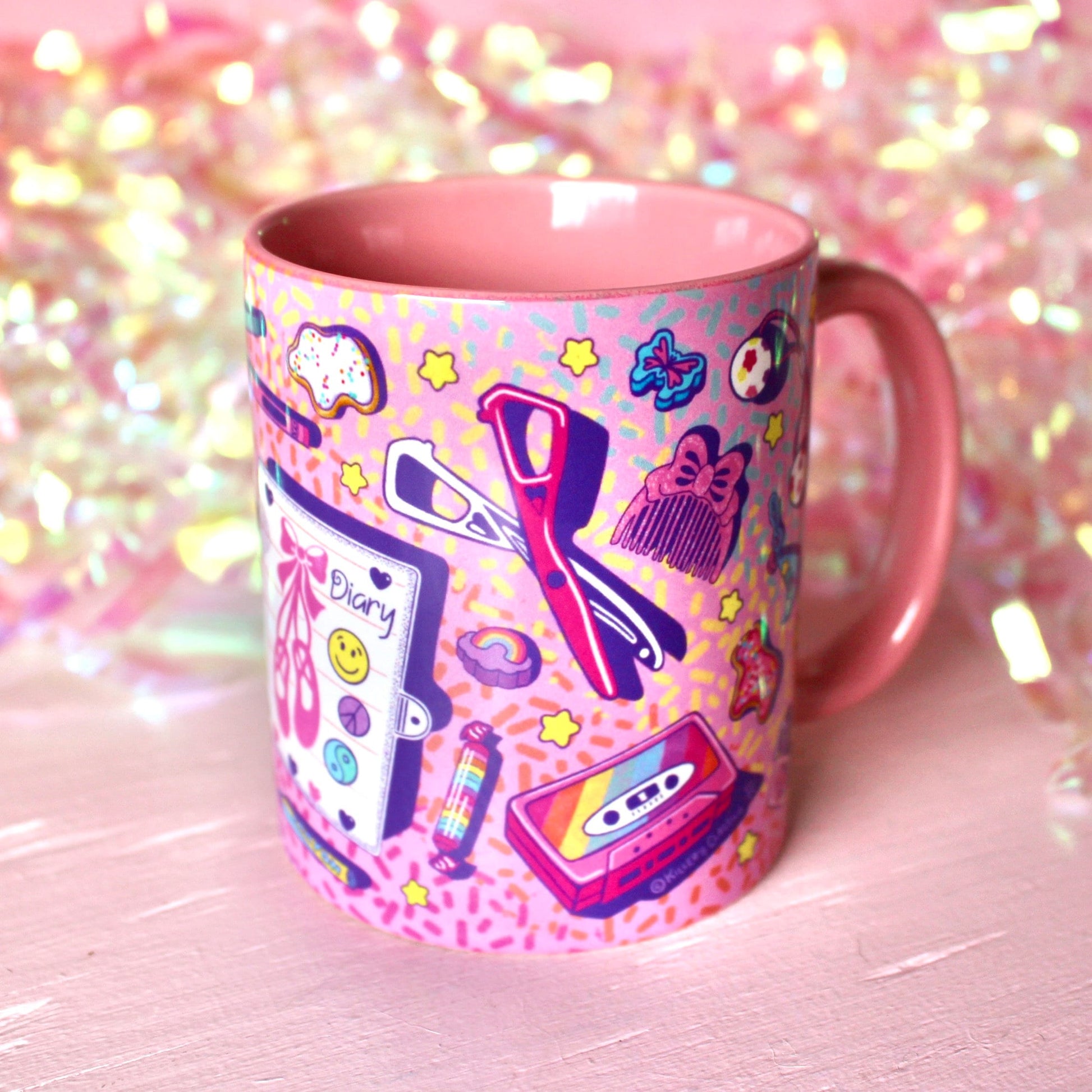 Retro Print Coffee Mug, School Teacher Ceramic Mug, Teacher Mother's Day Gift, 80s 90s Nostalgia Mug for Mom, Pink Purple Rainbow Office Cup