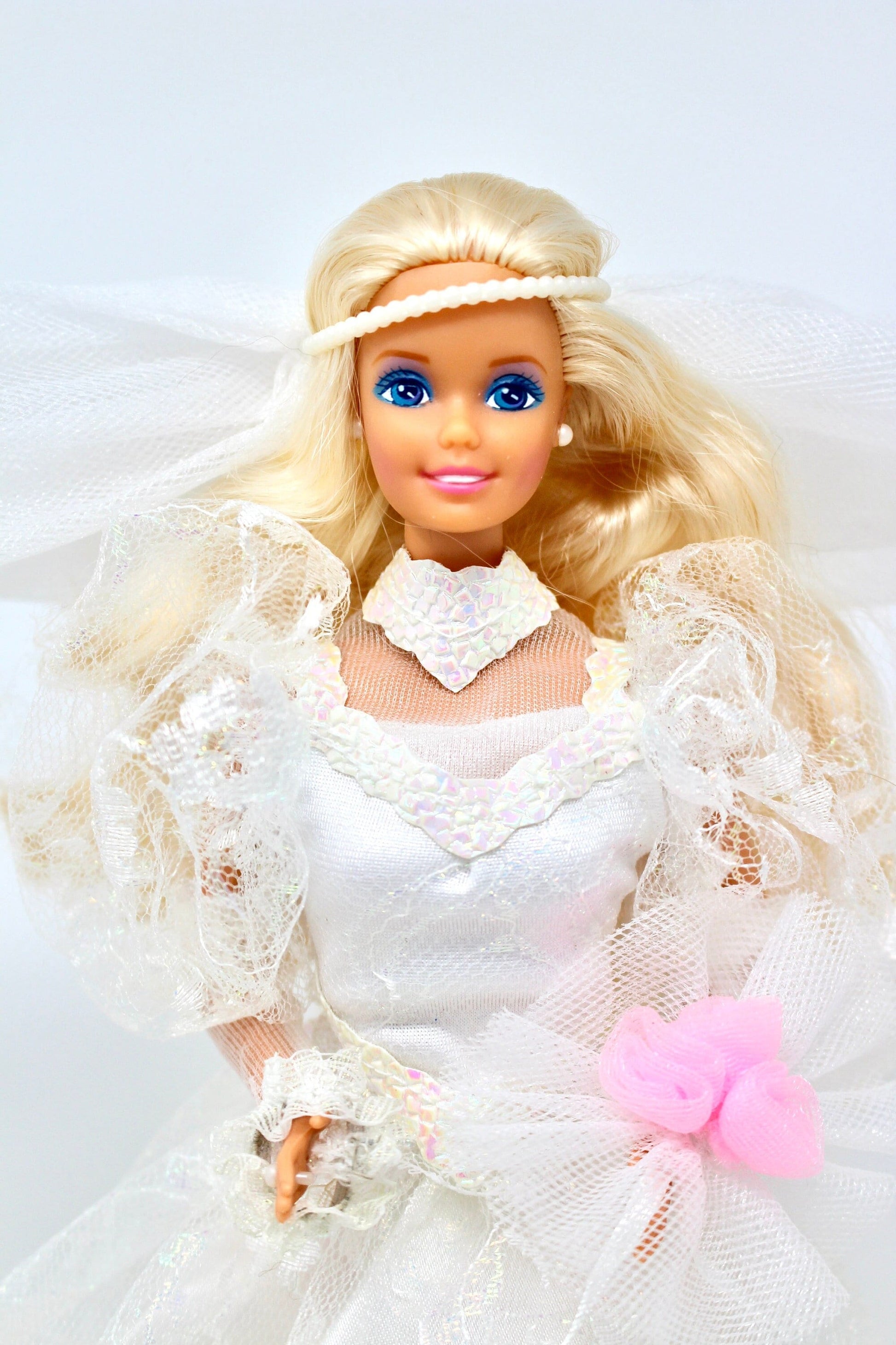 Vintage 80s Wedding Fantasy Barbie Doll with White Gown Bouquet and Accessories