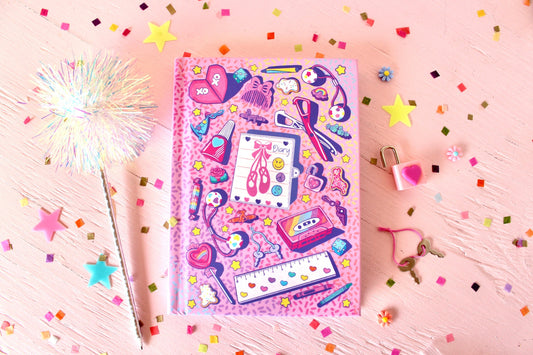 Retro Art Print Hardcover Notebook, Pink Purple 80s Toys Junk Journal, Millenial Mothers Day Gift, Retro Mother's Day Journal, Writer Gift