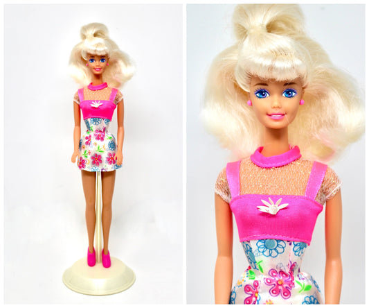 1996 Flower Fun Barbie Doll in Original Fashion, 1990s Pink Spring Flower Dress, 1990s Barbie Kids Springtime Easter Basket Gift