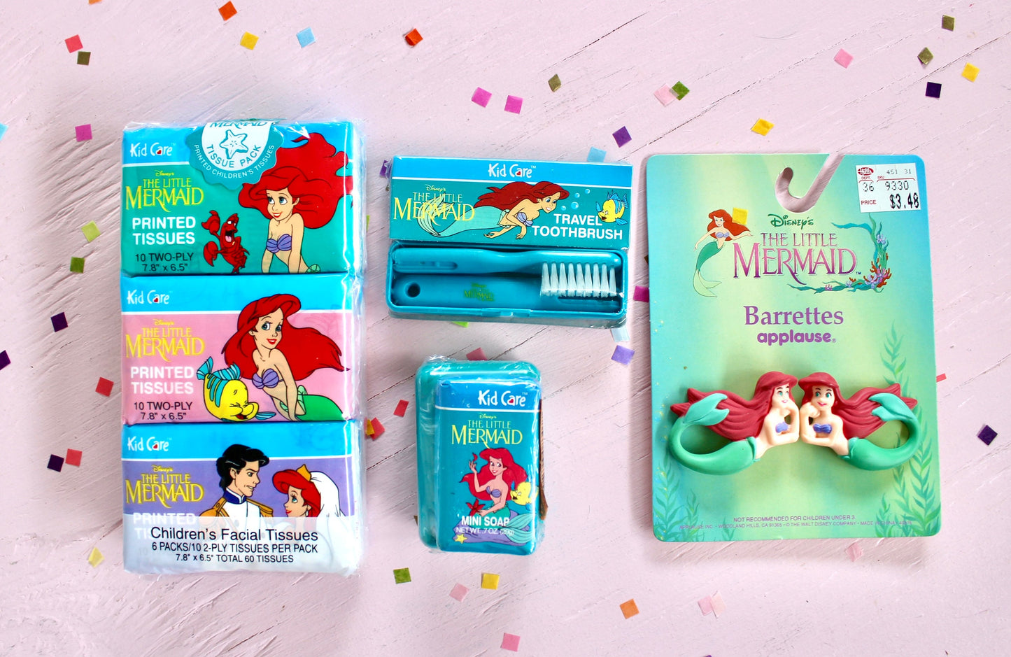 Vintage The Little Mermaid Hair Accessories and Bath Toiletries, Mermaid Applause Hair Barrettes, 90s Ariel Kid Care Tissues Toothbrush Soap