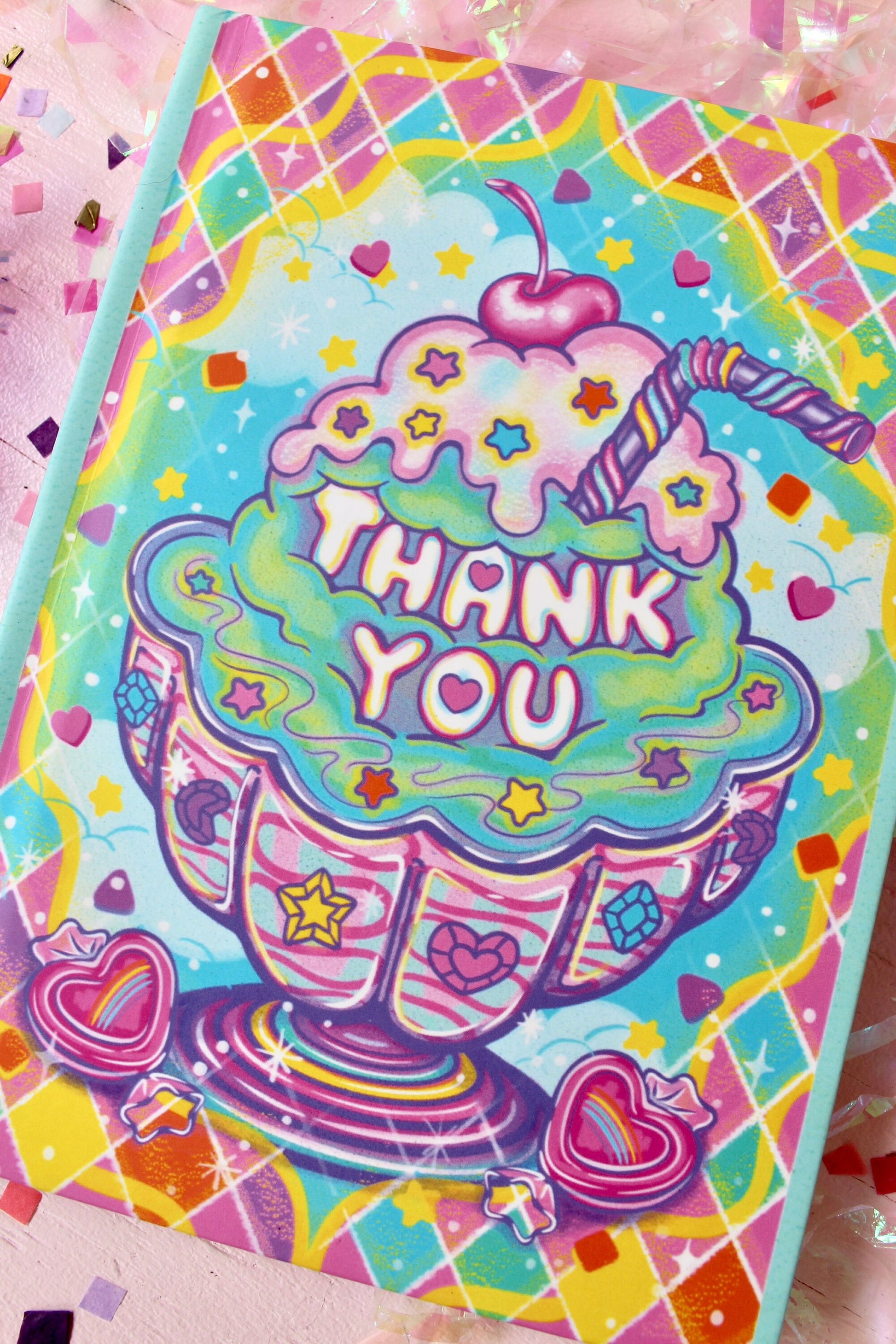 Thank You Gift Hardcover Notebook, Sweet Treats Collection, Ice Cream Sundae Risograph Style Art Print, Retro Rainbow Kids Birthday Gift