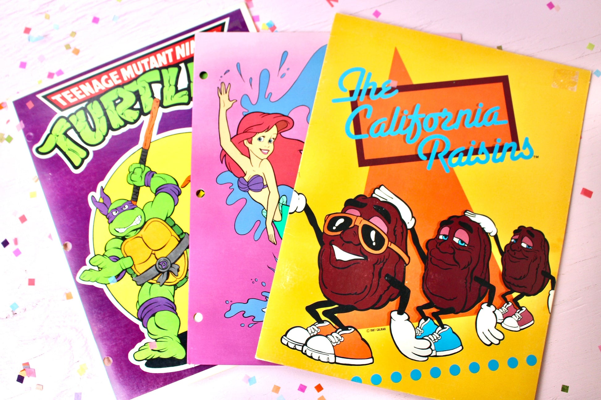 Little Mermaid California Raisins TMNT School Folders, Set of 3, Vintage Paper Binder Folder, Retro Disney Cartoons Kids School Supplies,