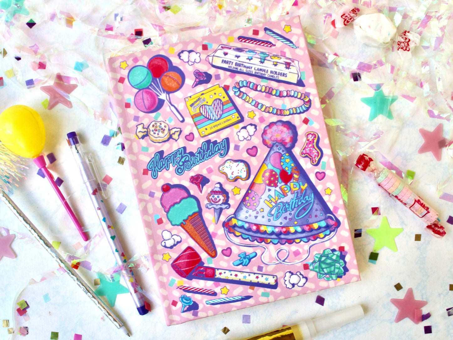 Retro Birthday Junk Journal, Pink Confetti Hardcover Notebook, Teen Kids Birthday Party Gift, Daughter Niece Writer Gift, Vintage Nostalgia