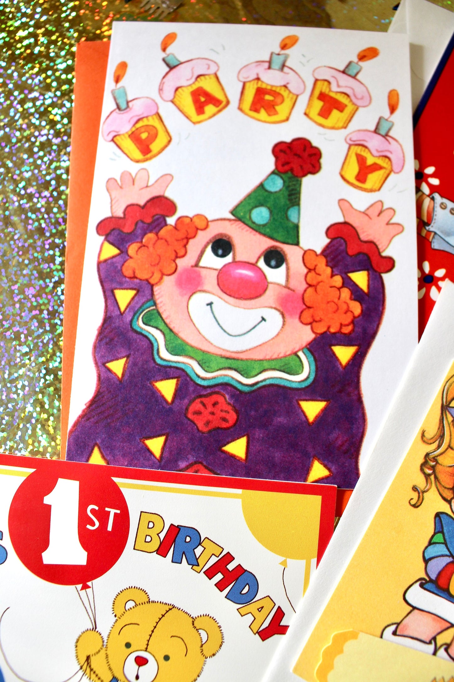 Vintage Birthday Card Pack, Rainbow Clown Cake Teddy Robot Birthday Theme Cards, Millennial Birthday Invites, Nostalgic Birthday Gift Card