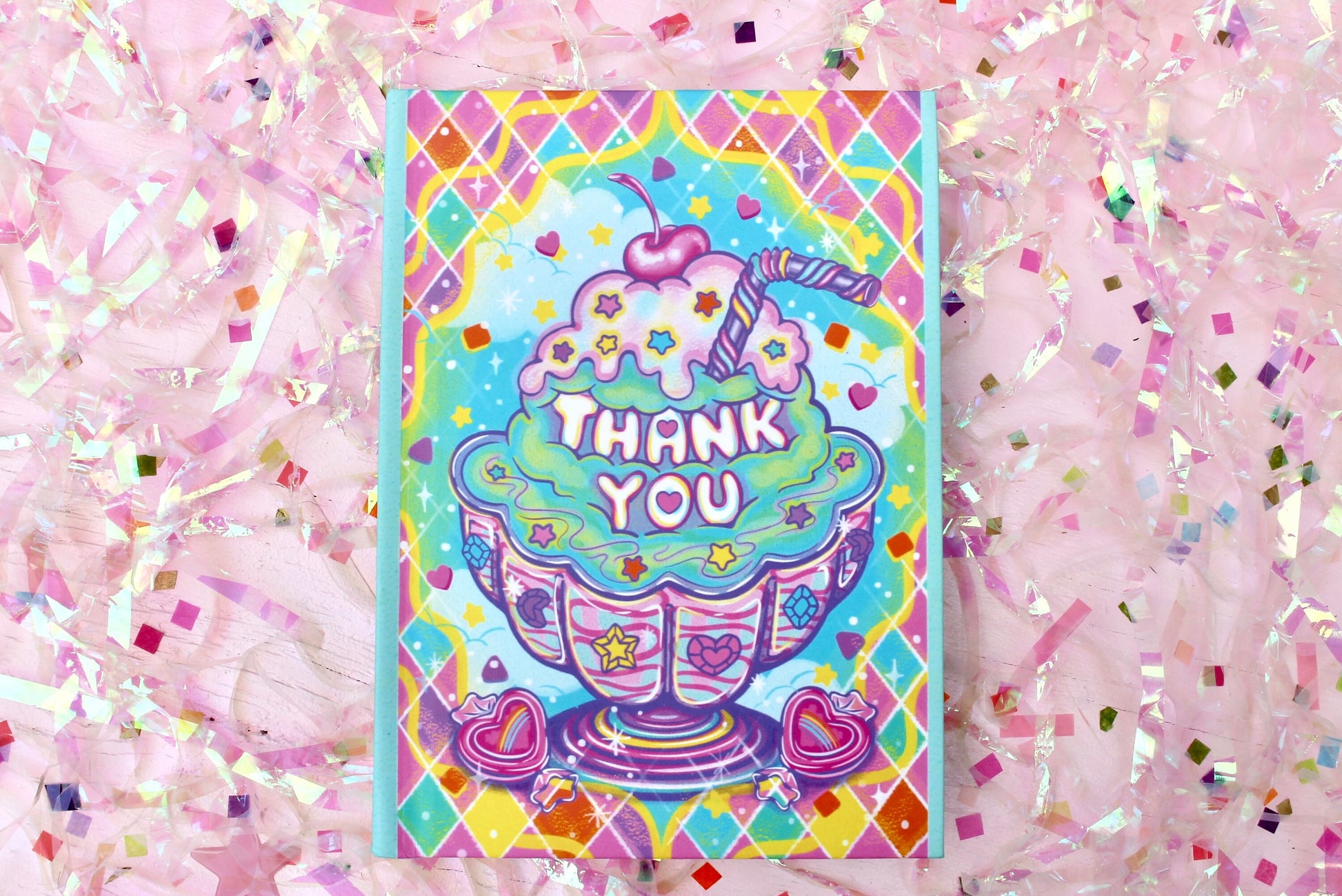 Thank You Gift Hardcover Notebook, Sweet Treats Collection, Ice Cream Sundae Risograph Style Art Print, Retro Rainbow Kids Birthday Gift