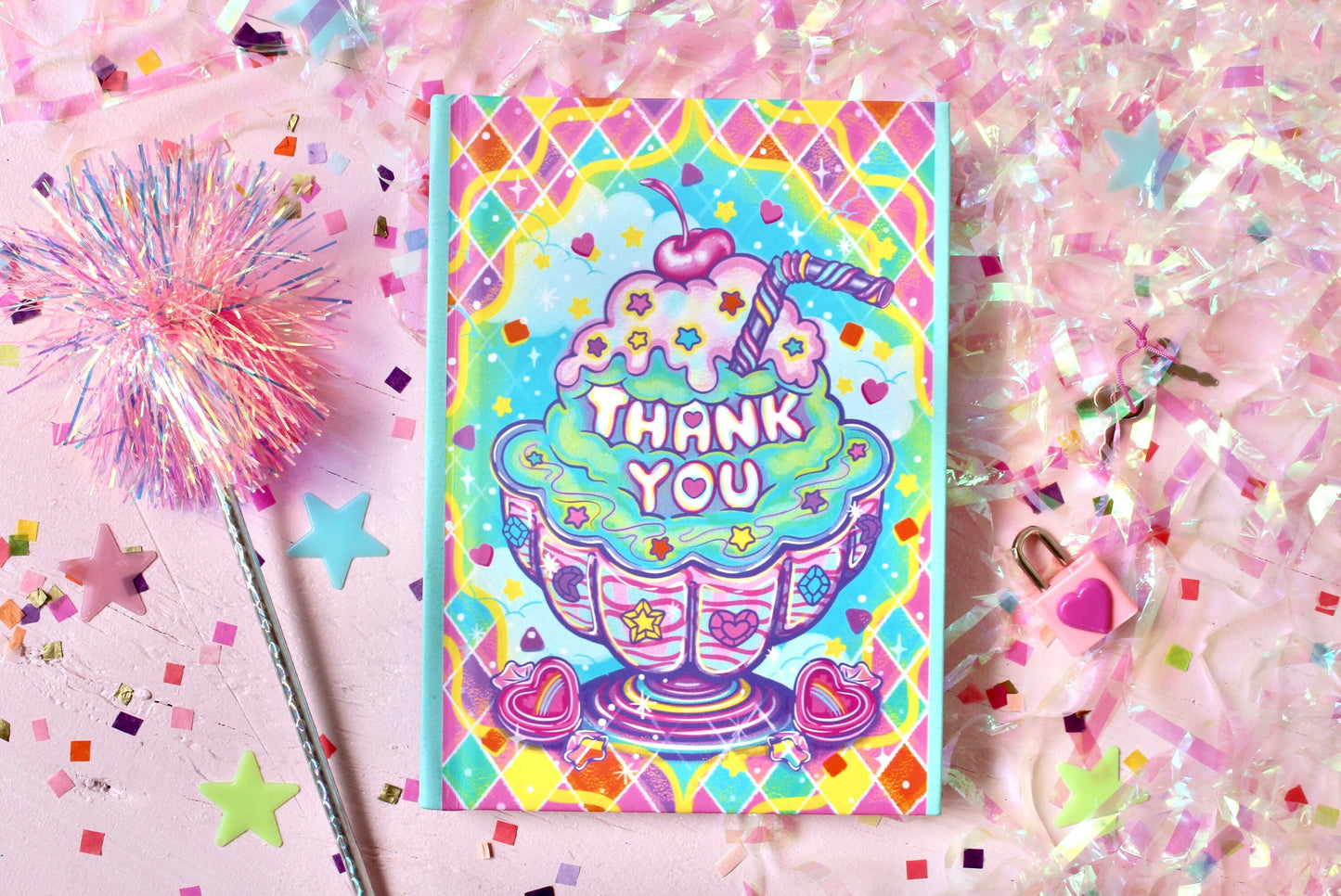 Thank You Gift Hardcover Notebook, Sweet Treats Collection, Ice Cream Sundae Risograph Style Art Print, Retro Rainbow Kids Birthday Gift