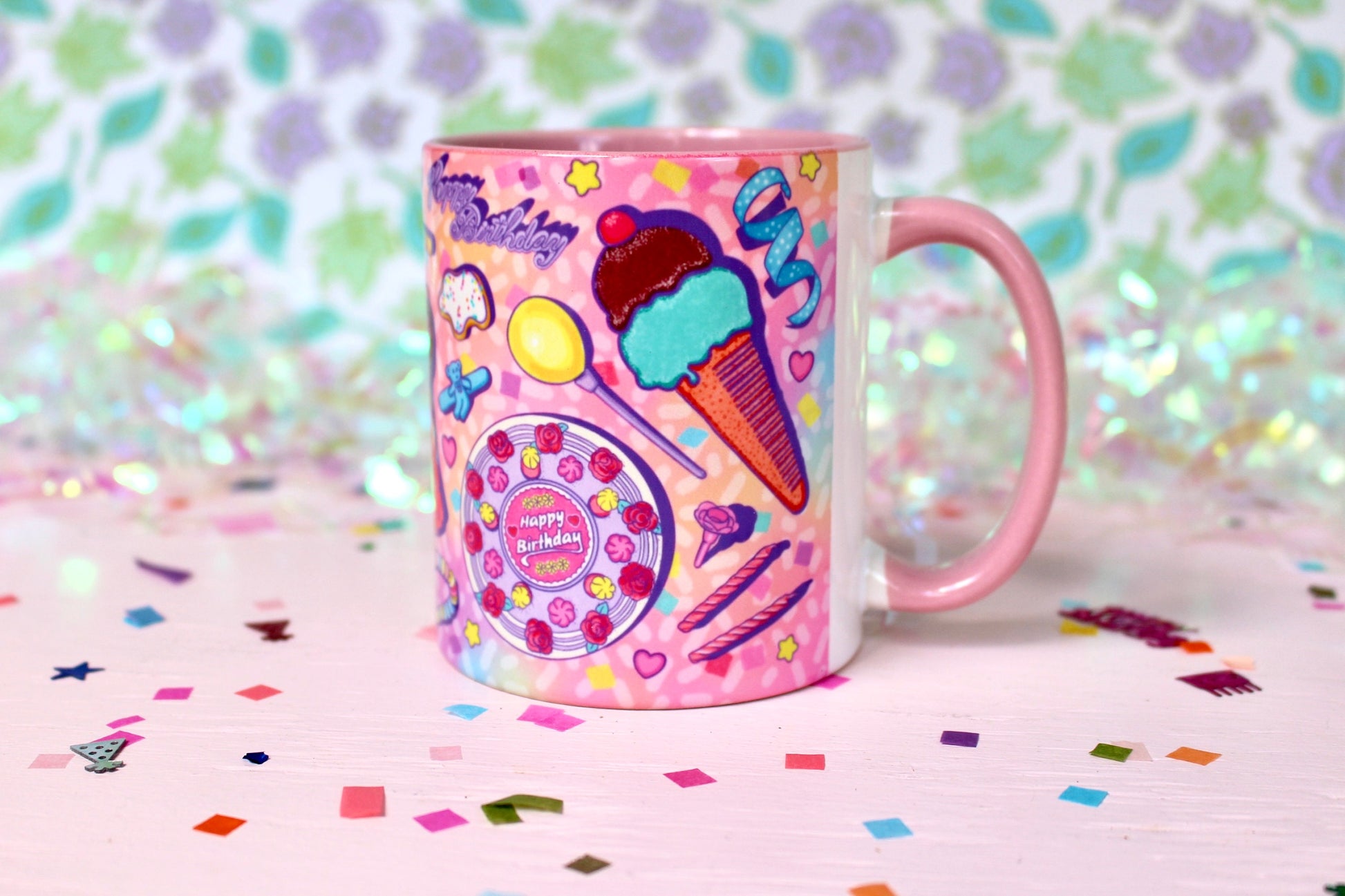 Birthday Party Ceramic Mug, Pink Retro Rainbow Cup, Best Friend Birthday Party Gift, 80s Nostalgia Party Favor, Millennial Birthday Gift