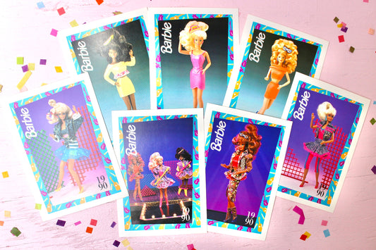 Barbie and the Beat Fashion Trading Card Set of 7, Barbie Craft Paper Ephemera, Retro Collectible Barbie Swap Cards, Neon Pink Barbie Cards