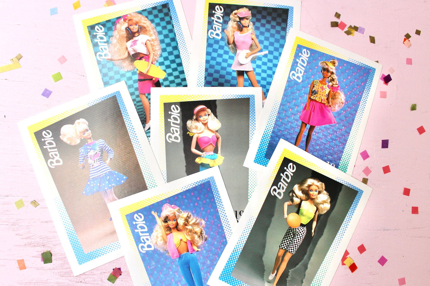 Barbie Summer Beach Fashion Trading Card Set of 7, Barbie Craft Paper Ephemera, Retro Collectible Barbie Swap Cards, Neon Pink Barbie Cards