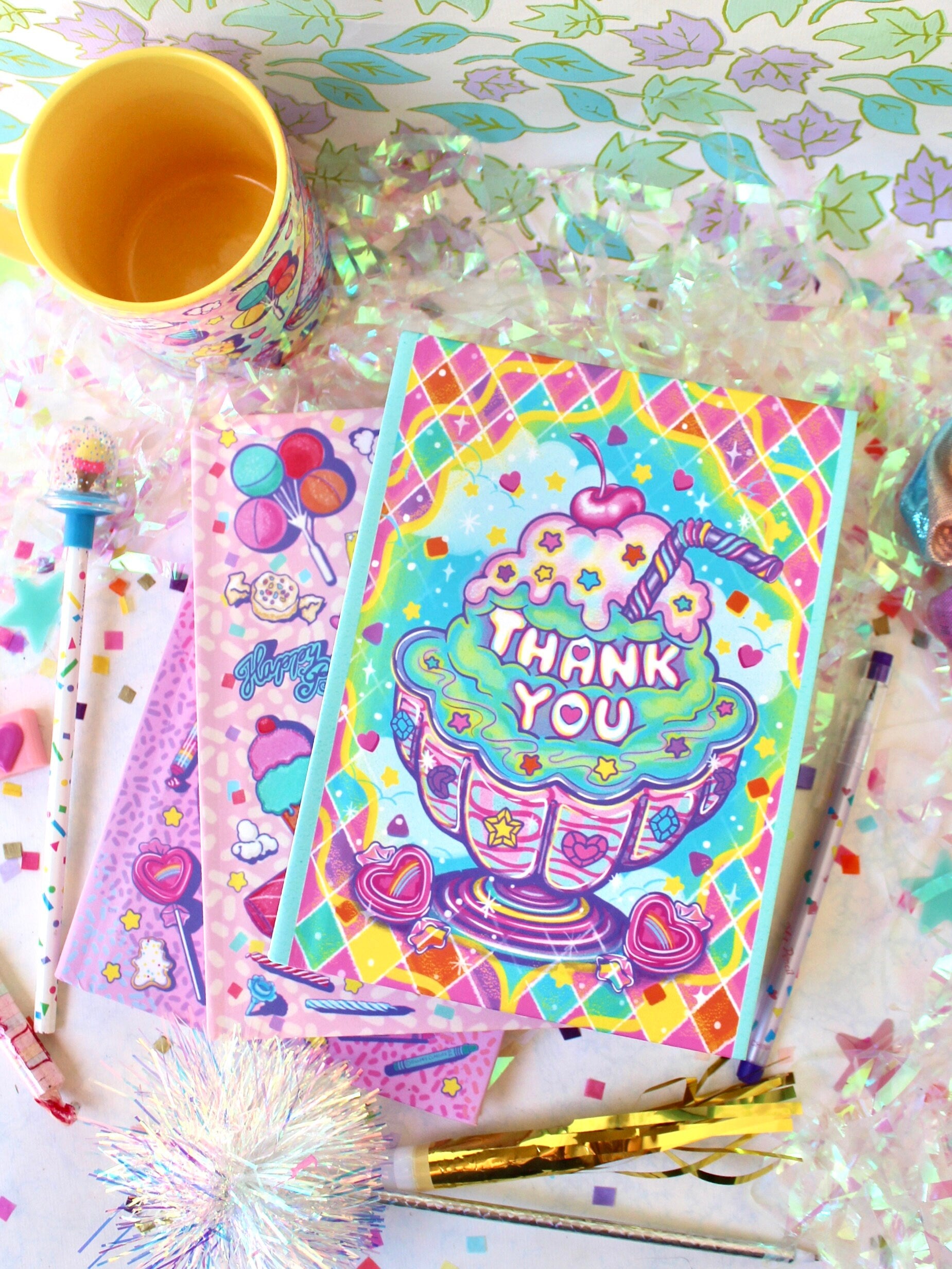 Thank You Gift Hardcover Notebook, Sweet Treats Collection, Ice Cream Sundae Risograph Style Art Print, Retro Rainbow Kids Birthday Gift