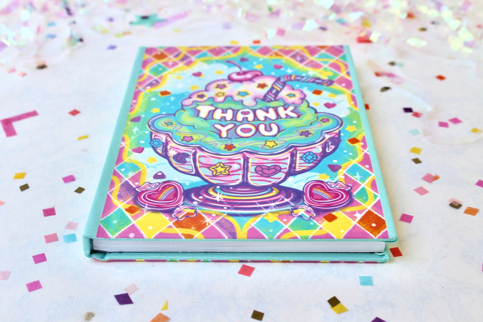 Thank You Gift Hardcover Notebook, Sweet Treats Collection, Ice Cream Sundae Risograph Style Art Print, Retro Rainbow Kids Birthday Gift