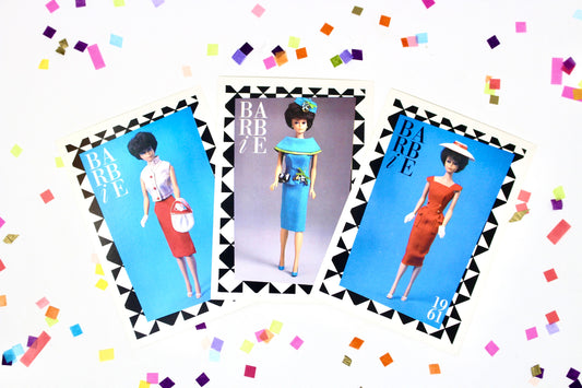 Brunette Bubblecut Barbie Doll Fashion Trading Card Set of 3, Vintage 60s Barbie Fashion Cards, Craft Scrapbook Ephemera, Barbie Swap Cards