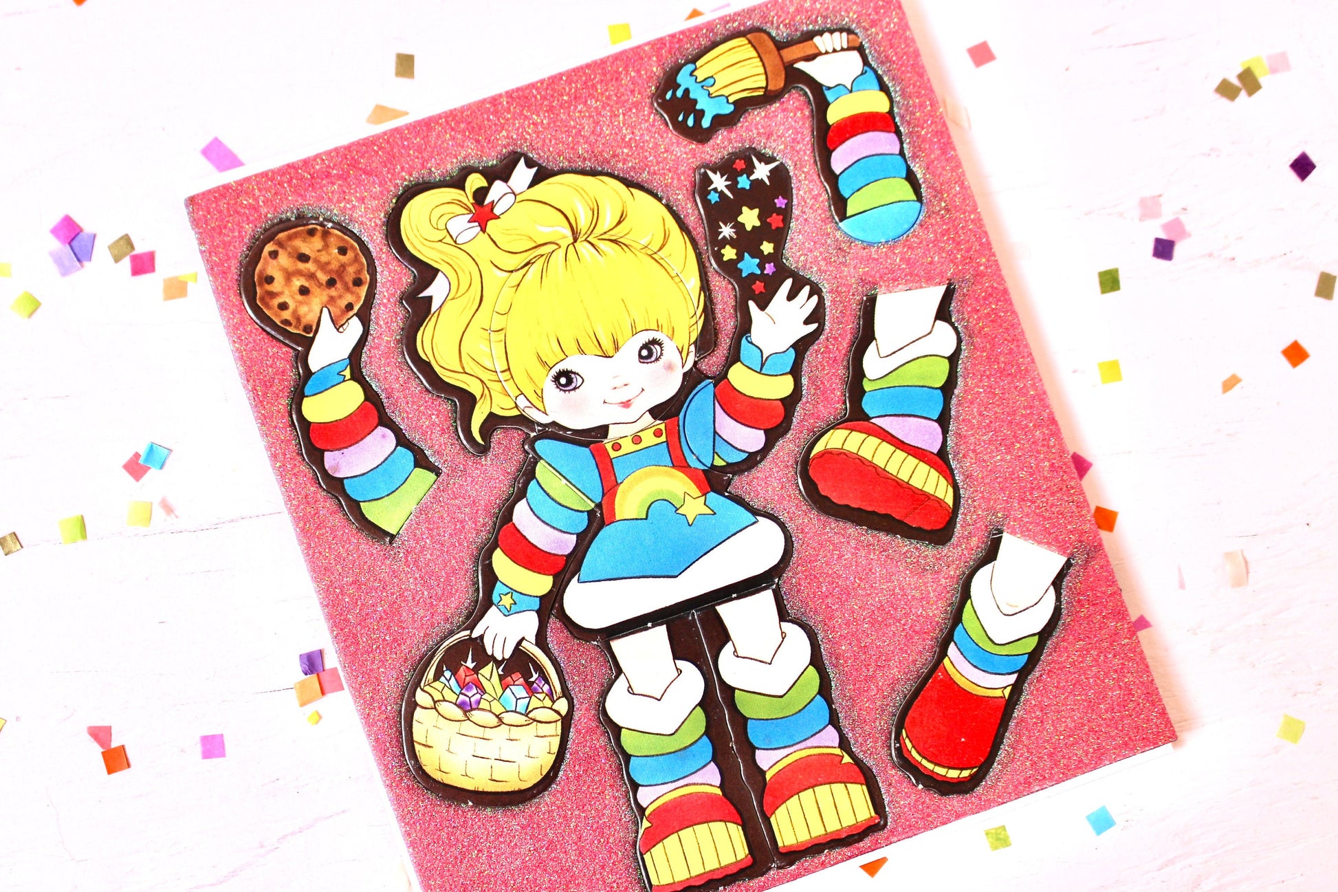 Rainbow Brite Magnetic Puzzle with Green Glitter, Vintage 80s Rainbow Brite Kids Refrigerator Play Puzzle Toy