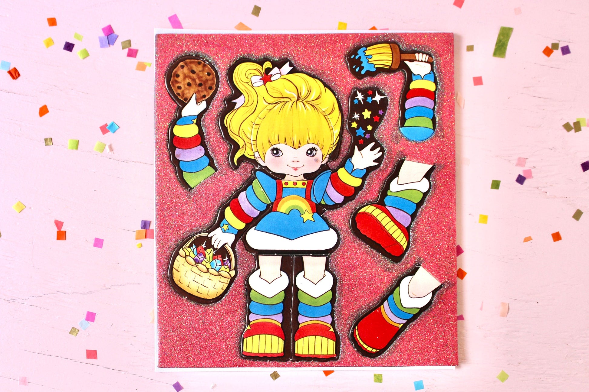 Rainbow Brite Magnetic Puzzle with Green Glitter, Vintage 80s Rainbow Brite Kids Refrigerator Play Puzzle Toy