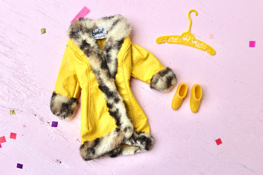 Vintage Yellow Fur Barbie Coat with Shoes and Hanger, Mod Barbie Fashions, #1459 GREAT COAT, Vintage Barbie Yellow Faux Fur Lined Jacket