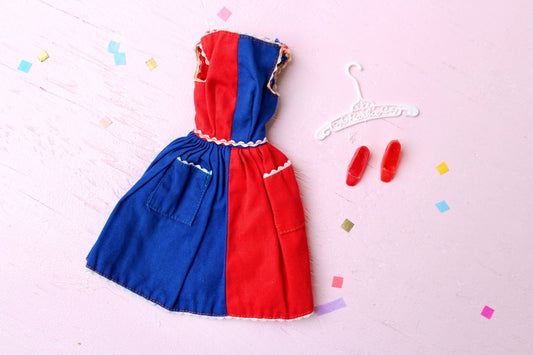 Vintage Barbie Red Blue Dress with Pilgrim Shoes and Hanger, 60s Barbie Fashions, #943 Fancy Free Color Block Dress, Barbie Label Clothes