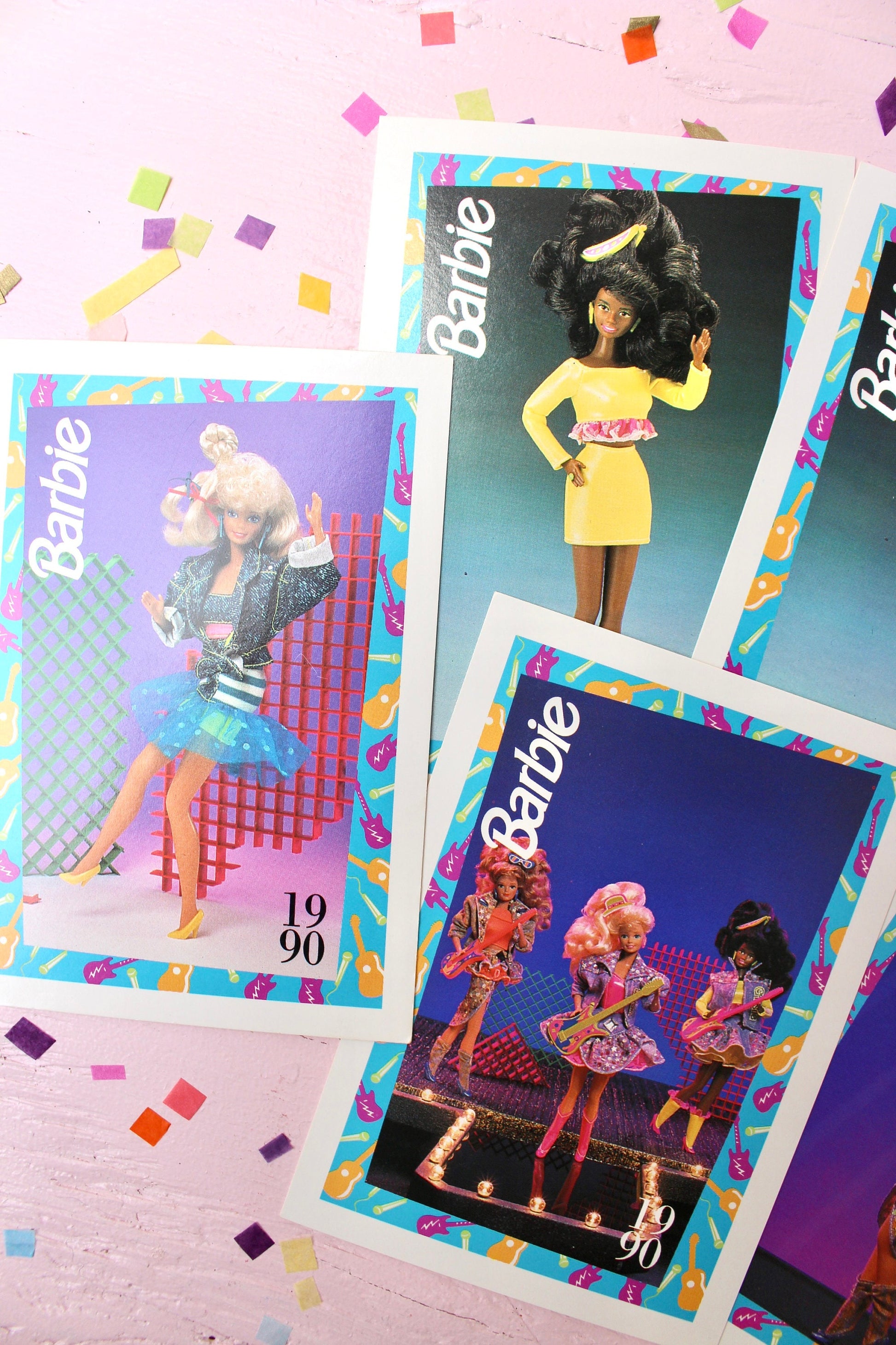 Barbie and the Beat Fashion Trading Card Set of 7, Barbie Craft Paper Ephemera, Retro Collectible Barbie Swap Cards, Neon Pink Barbie Cards