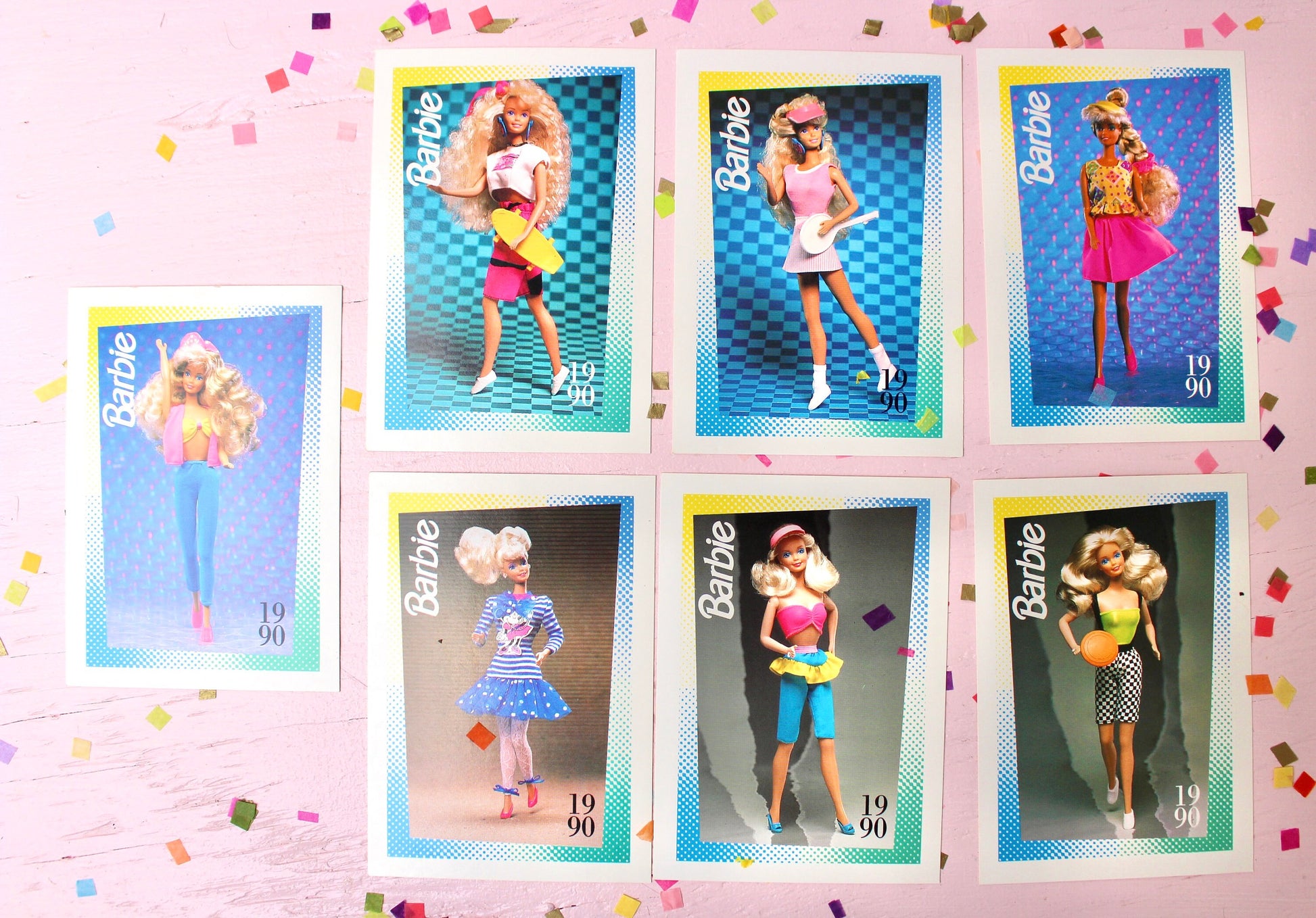 Barbie Summer Beach Fashion Trading Card Set of 7, Barbie Craft Paper Ephemera, Retro Collectible Barbie Swap Cards, Neon Pink Barbie Cards