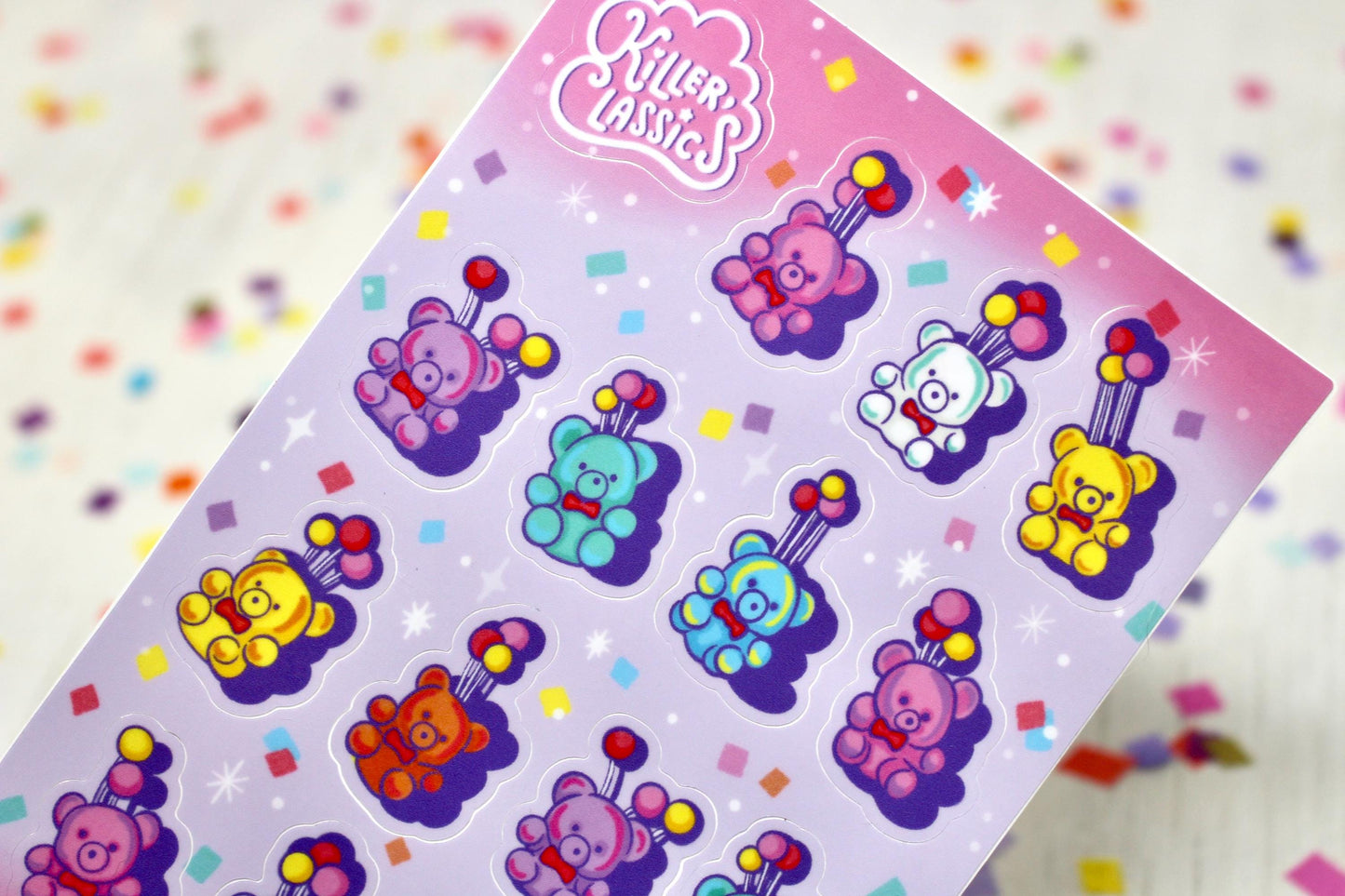 Teddy Bear Vinyl Sticker Sheet, Rainbow Balloon Journal Stickers, Bujo Scrapbook Sticker, Cute Pink Purple Planner Bullet Journal Stickers