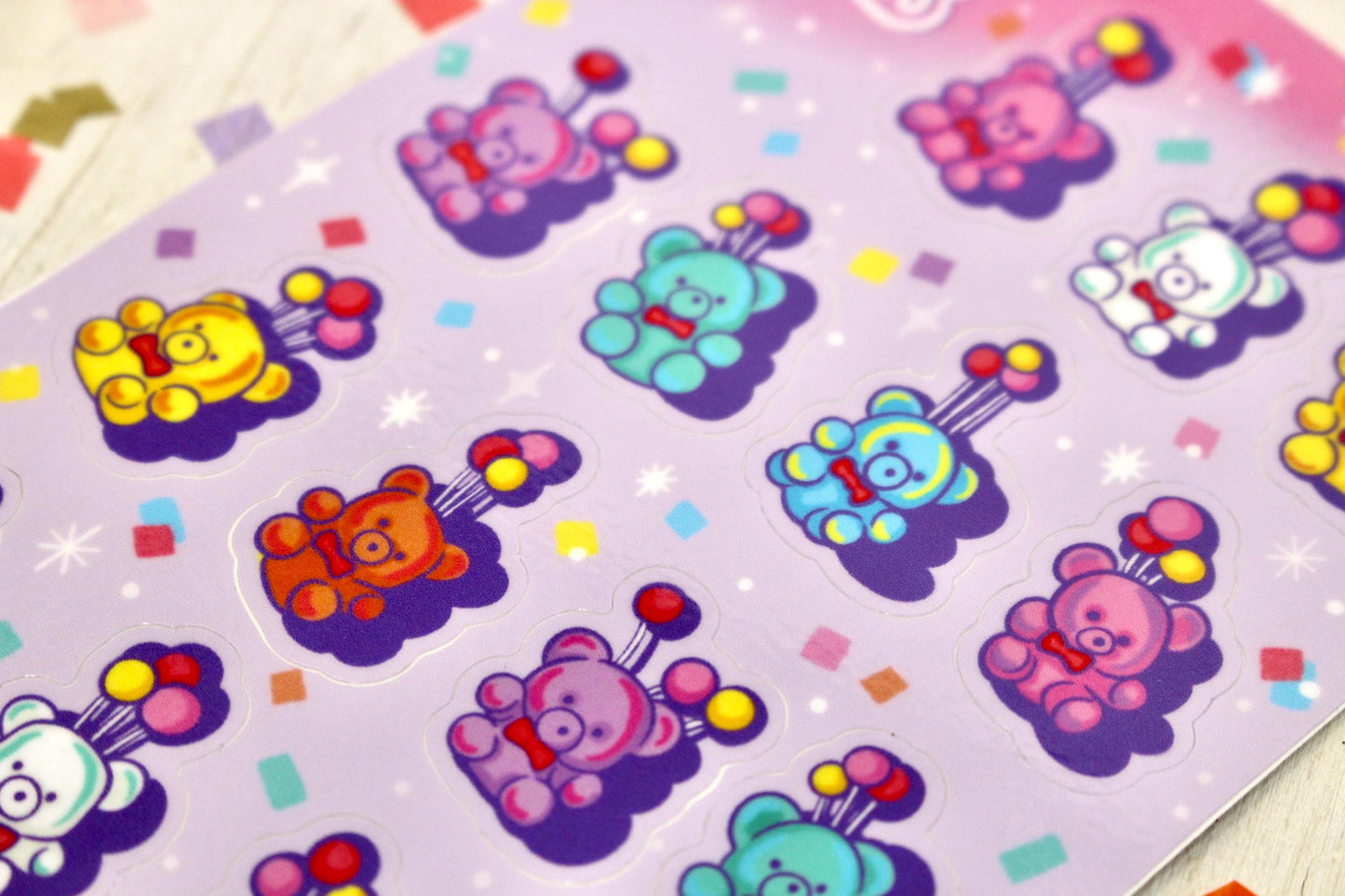 Teddy Bear Vinyl Sticker Sheet, Rainbow Balloon Journal Stickers, Bujo Scrapbook Sticker, Cute Pink Purple Planner Bullet Journal Stickers