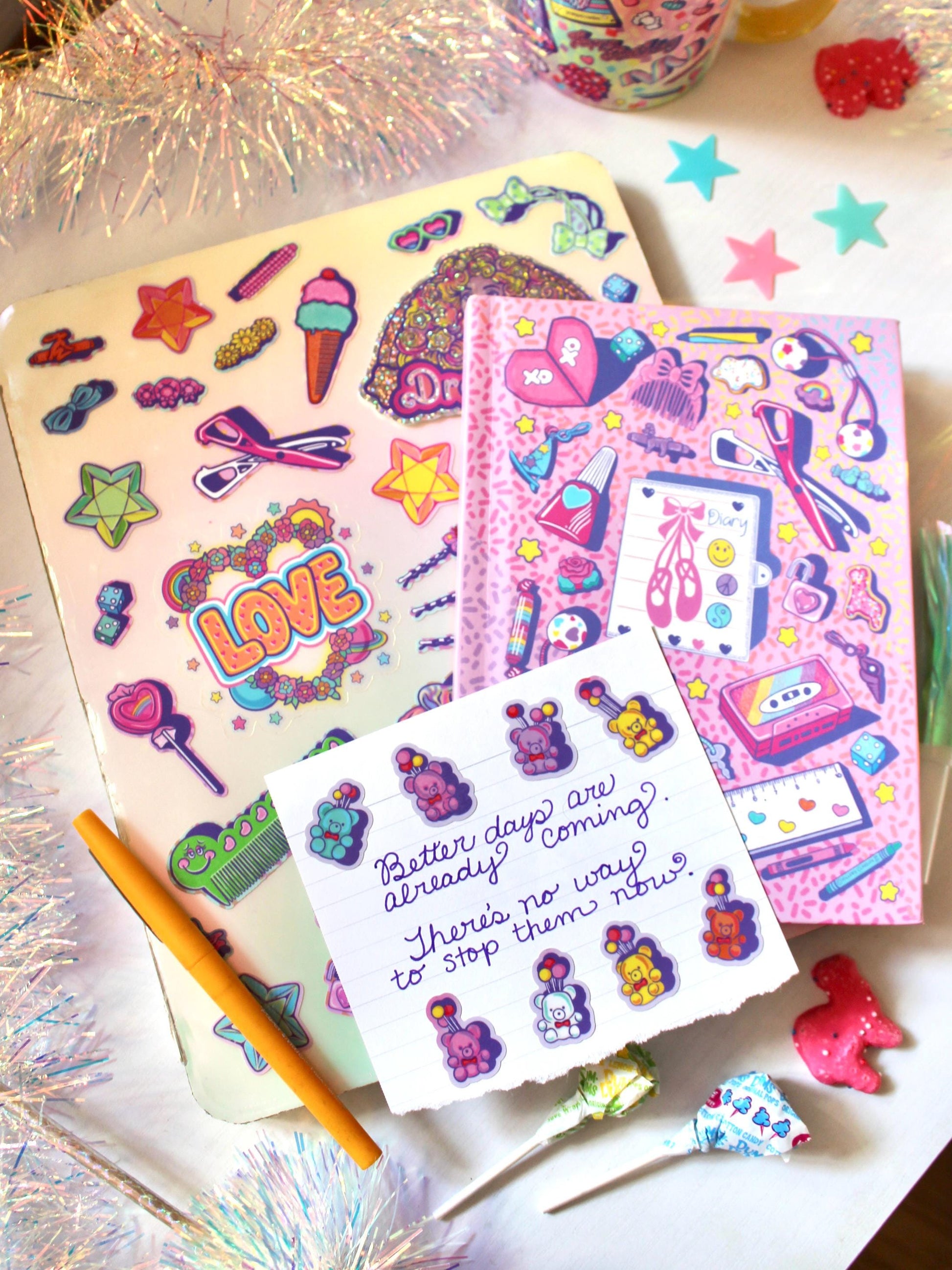 Teddy Bear Vinyl Sticker Sheet, Rainbow Balloon Journal Stickers, Bujo Scrapbook Sticker, Cute Pink Purple Planner Bullet Journal Stickers