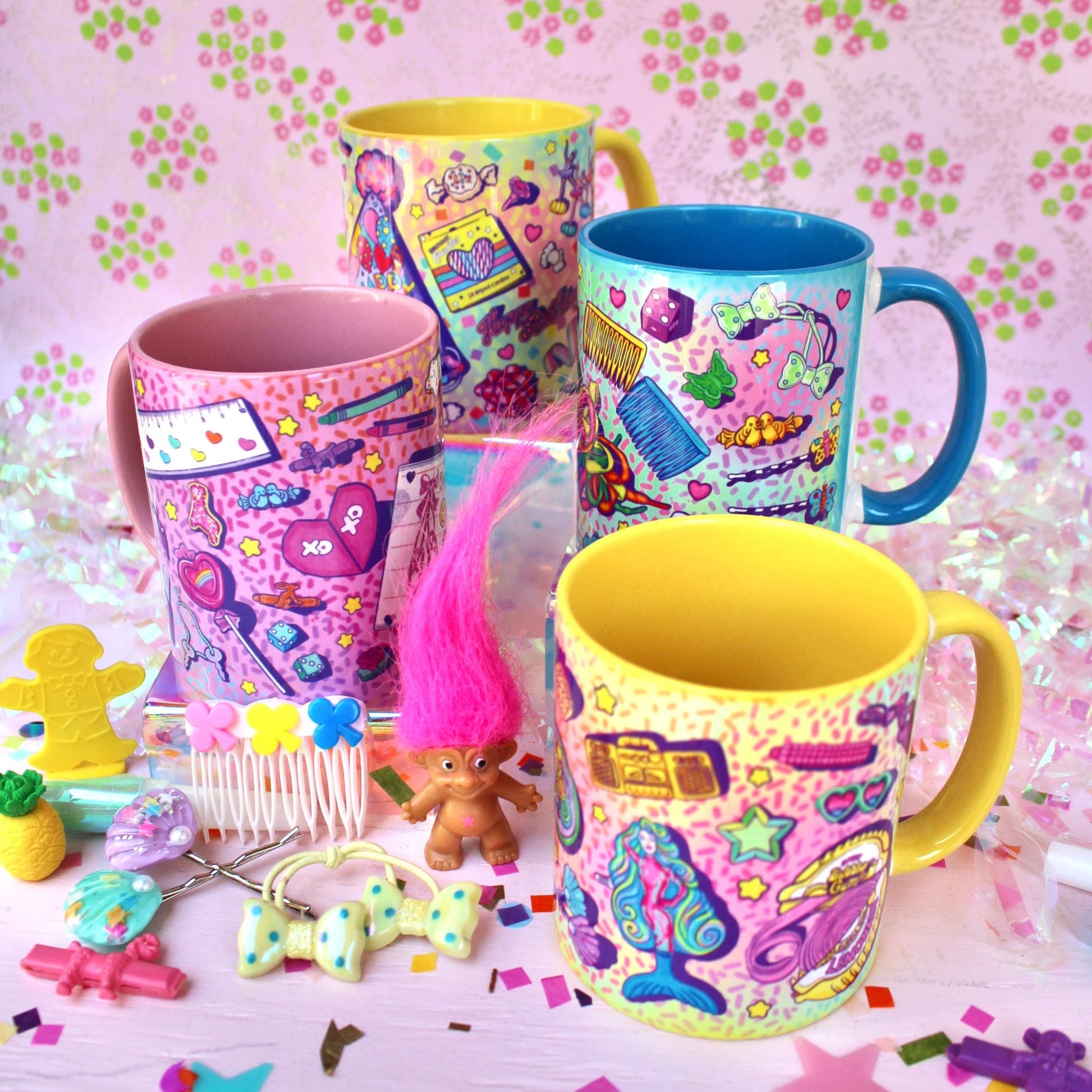 Retro Kids Ceramic Coffee Mugs, Cute Yellow Beach Drinkware, 80s 90s Nostalgia Gifts for Her, Colorful Tea Cups for Mom, Best Friend Gift