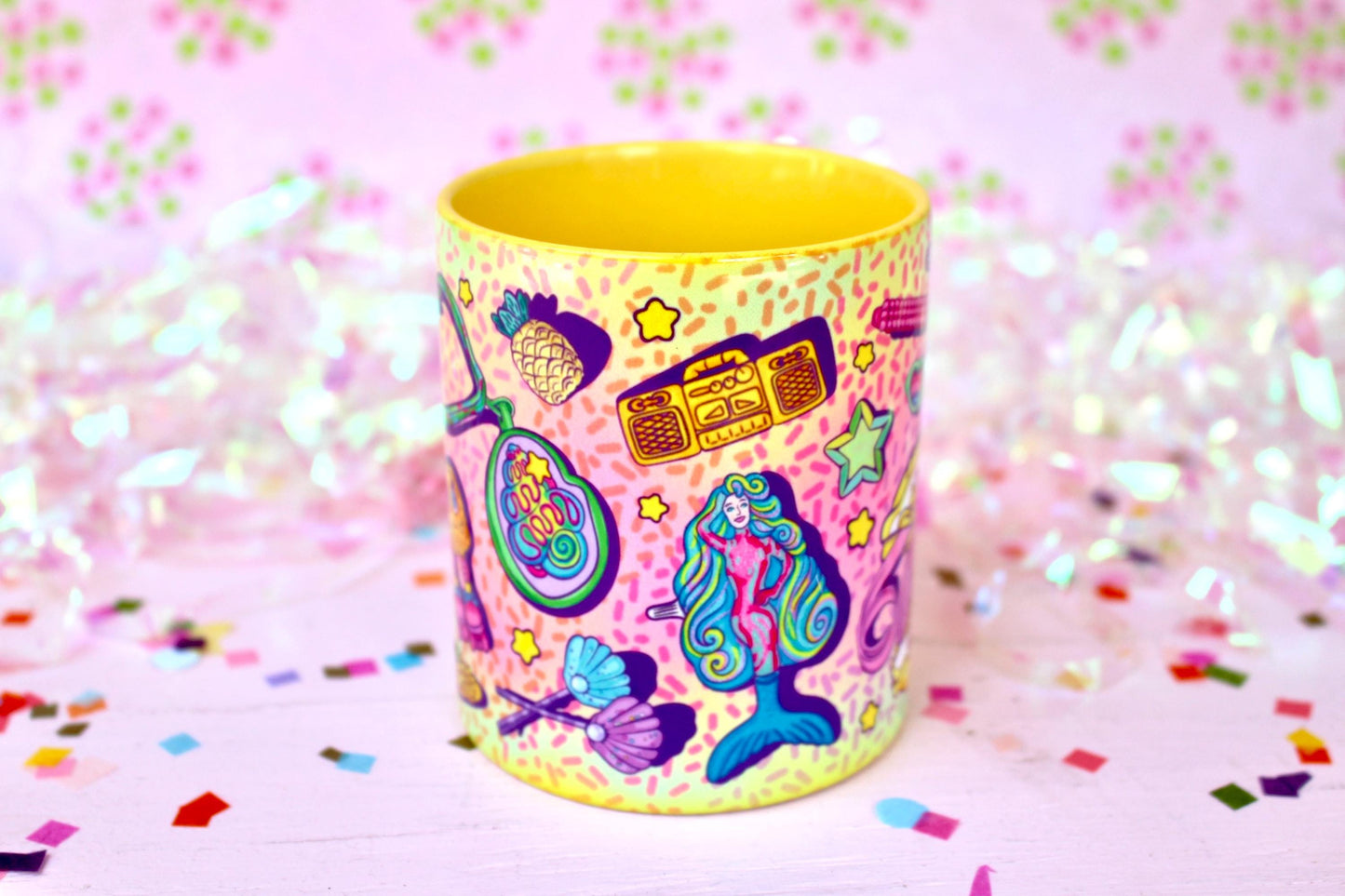 Retro Kids Ceramic Coffee Mugs, Cute Yellow Beach Drinkware, 80s 90s Nostalgia Gifts for Her, Colorful Tea Cups for Mom, Best Friend Gift