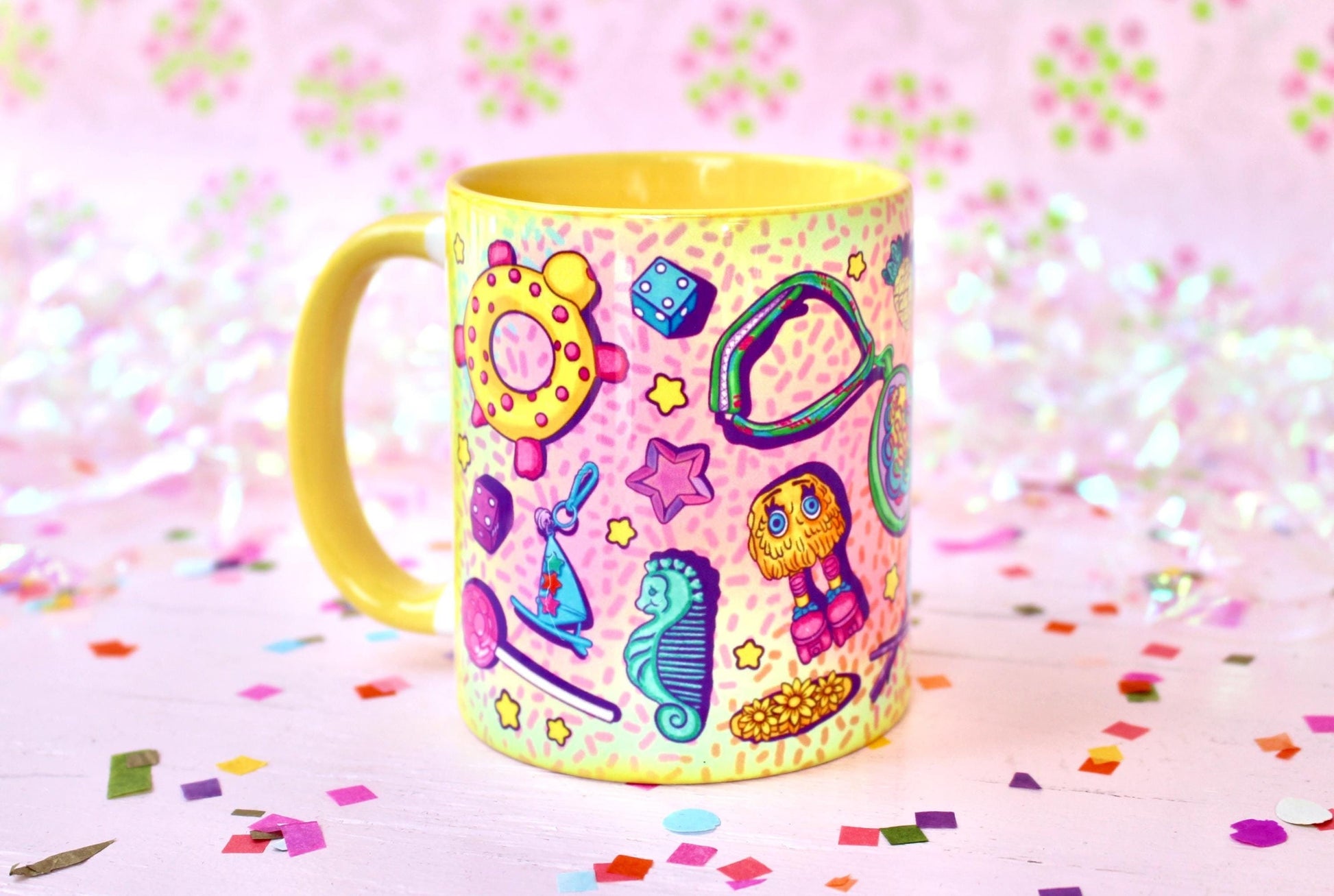 Retro Kids Ceramic Coffee Mugs, Cute Yellow Beach Drinkware, 80s 90s Nostalgia Gifts for Her, Colorful Tea Cups for Mom, Best Friend Gift