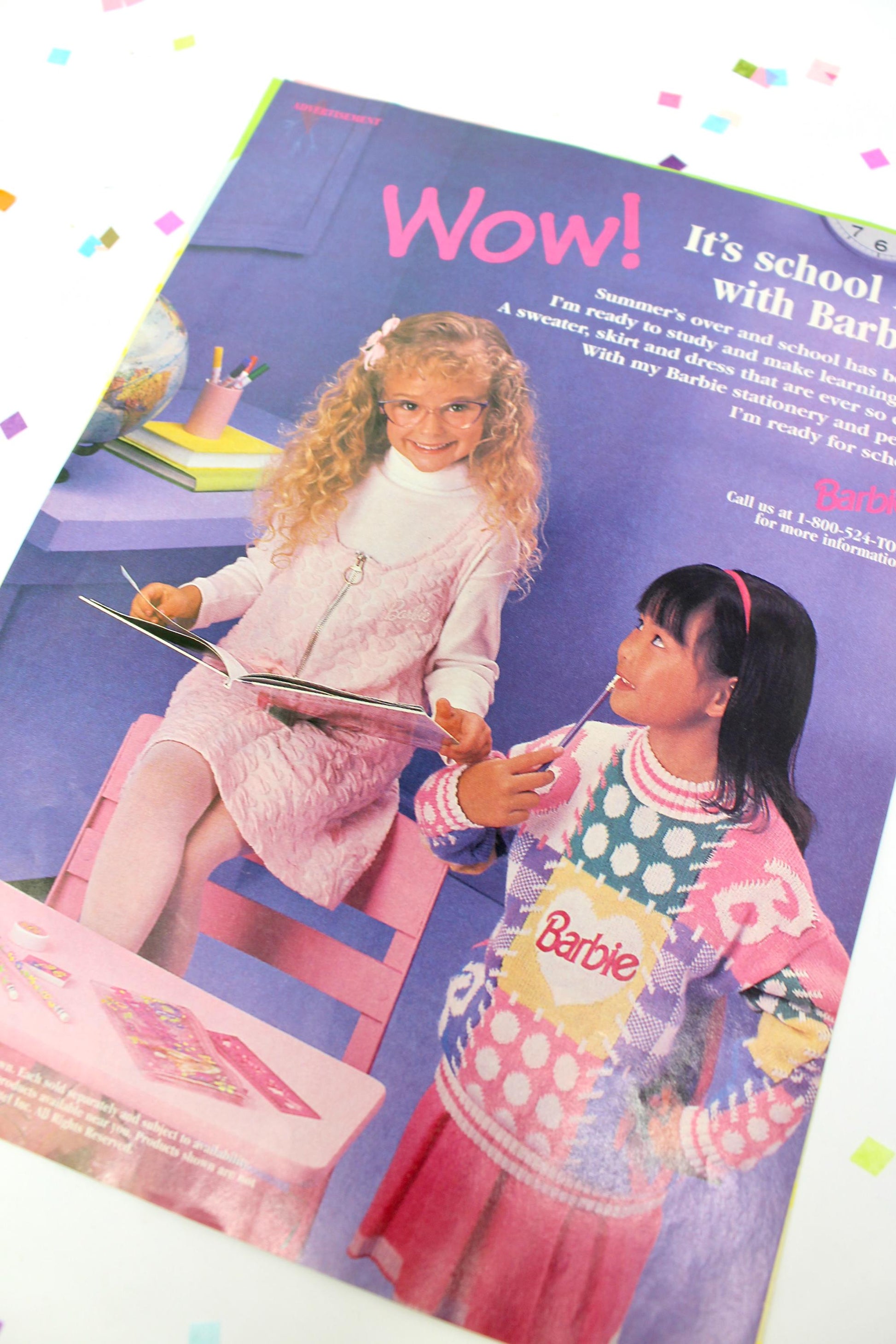 Vintage Girl Toy Stationery Ads, Retro Scrapbook Supplies, Junk Journal Pages, 90s Kids Magazine, Neon Pink Purple Vintage Paper Ephemera