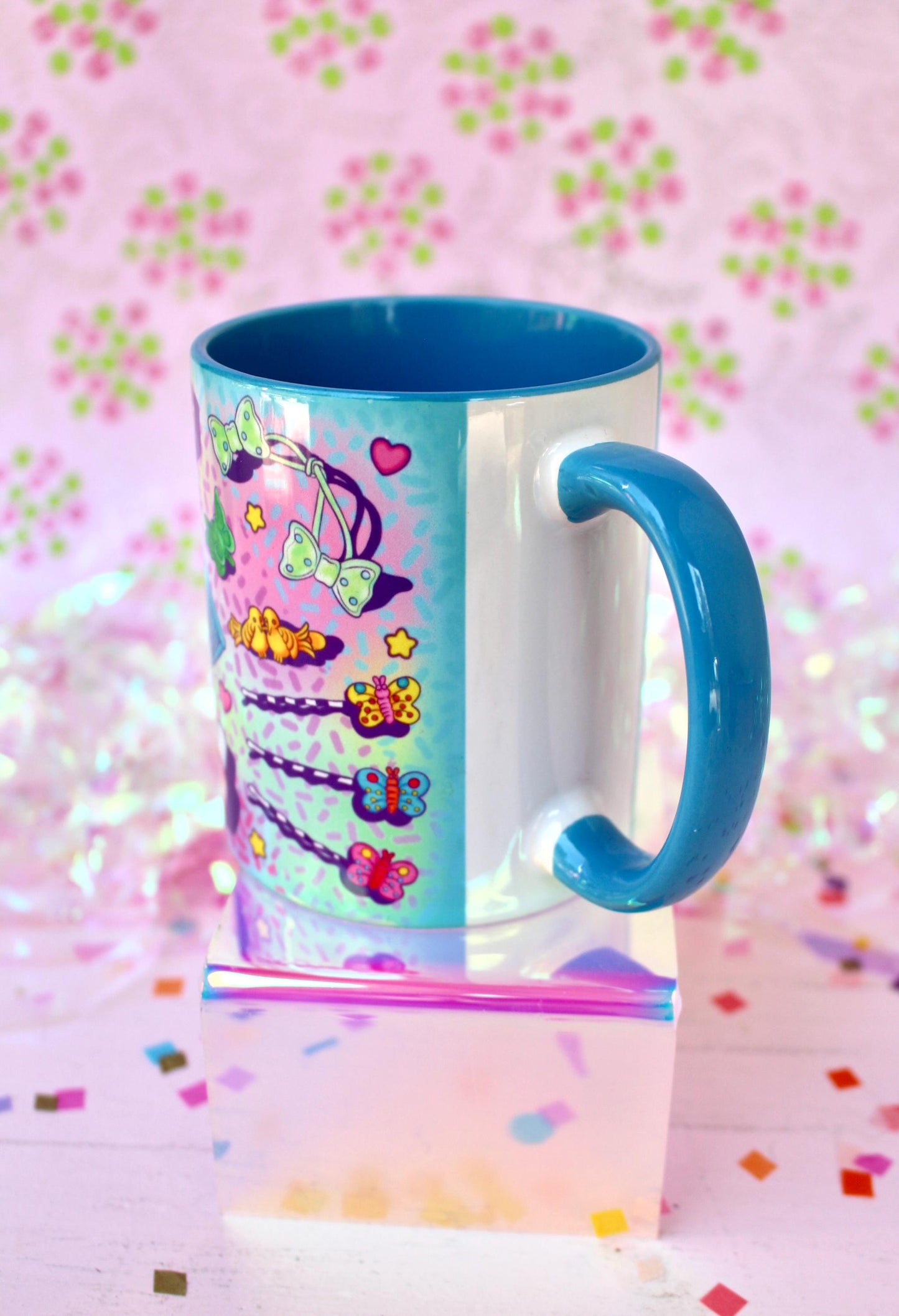 Retro Kids Ceramic Coffee Mugs, 80s 90s Nostalgia Gift for Her, Cute Blue Drinkware, Fun Colorful Tea Cups, Best Friend Hair Dresser Gift