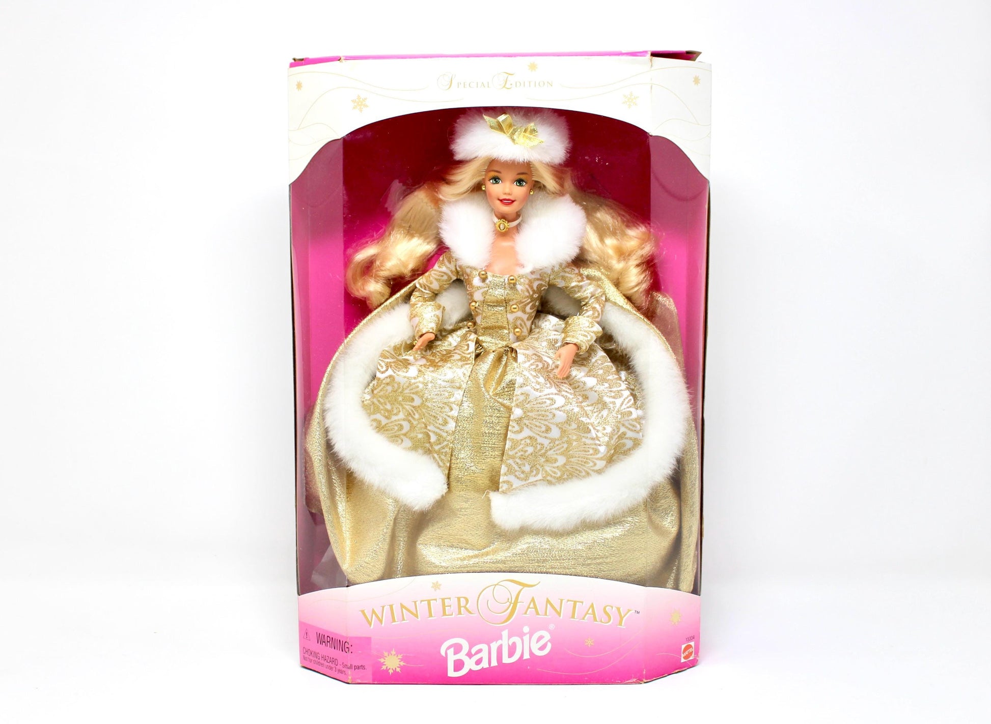 Winter Fantasy Barbie Doll in Original Box, Vintage 90s Blonde Barbie in Gold Fur Fashion Dress, Winter Christmas Holiday Barbie Doll