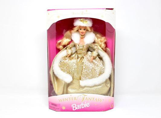 Winter Fantasy Barbie Doll in Original Box, Vintage 90s Blonde Barbie in Gold Fur Fashion Dress, Winter Christmas Holiday Barbie Doll