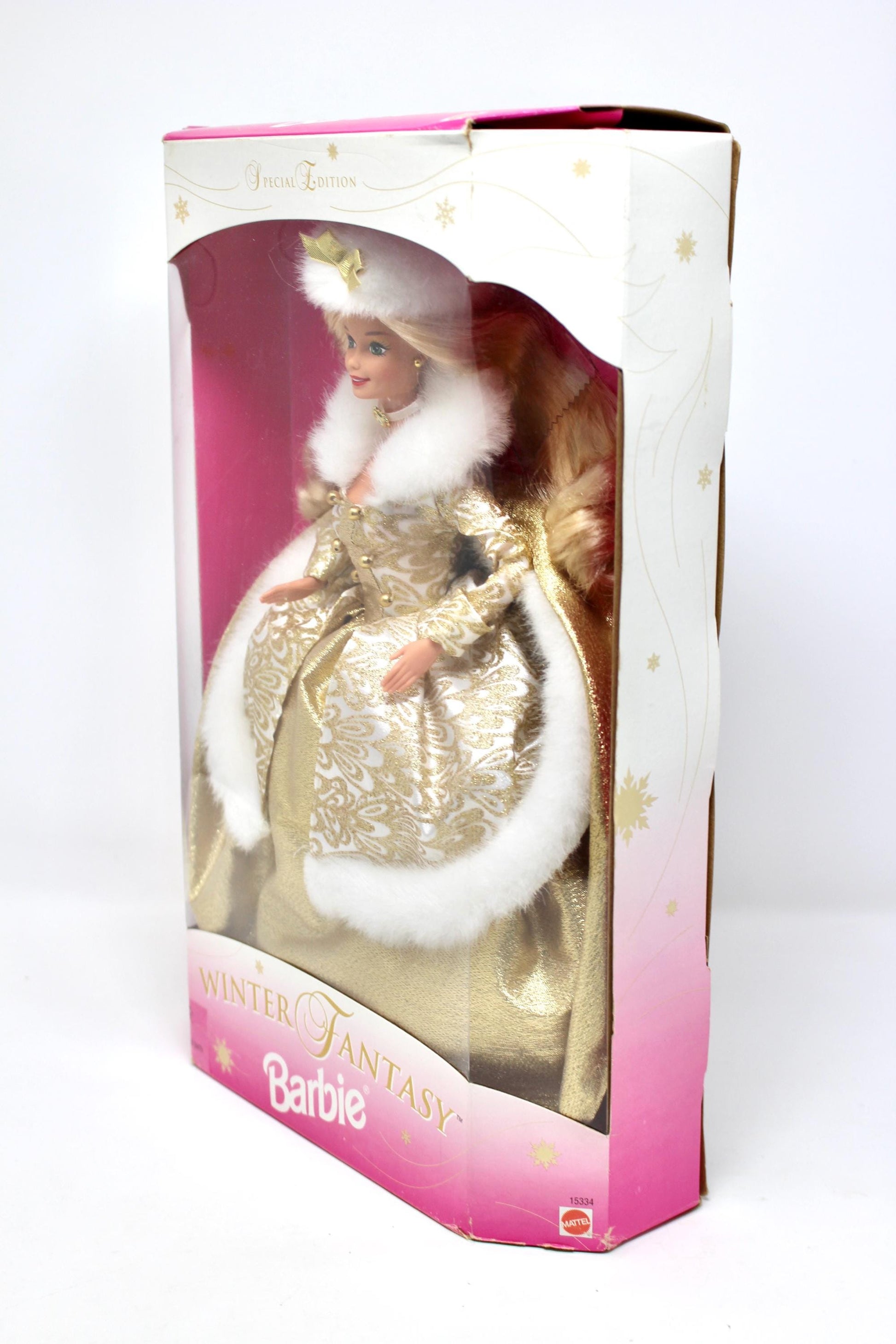 Winter Fantasy Barbie Doll in Original Box, Vintage 90s Blonde Barbie in Gold Fur Fashion Dress, Winter Christmas Holiday Barbie Doll