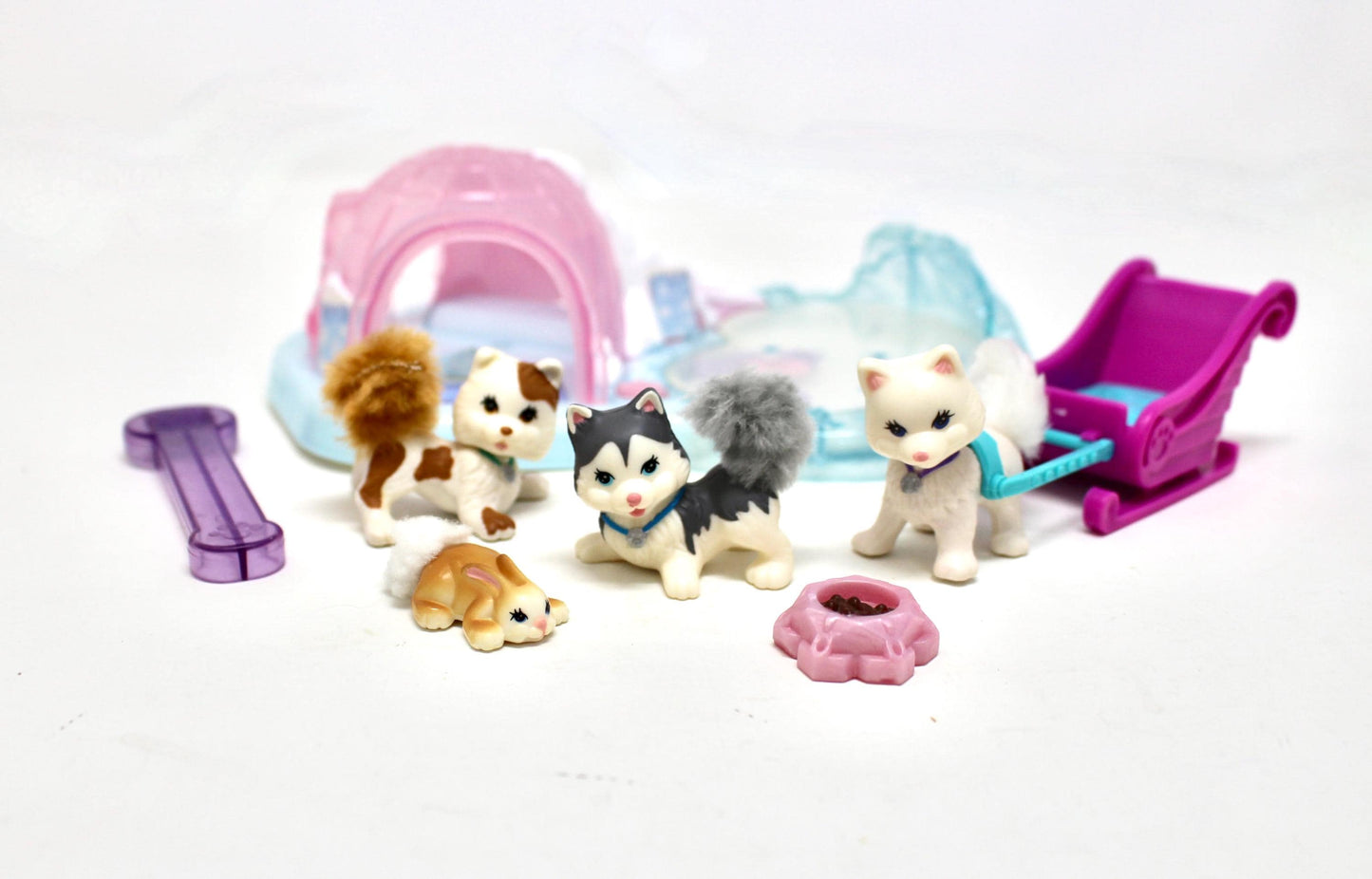 Vintage Littlest Pet Shop Twinkling Sledding Party, 1990s Mini Mechanical Eskimo Husky Puppy Toy, LPS Mini Dog Sledding Winter Kids Figures