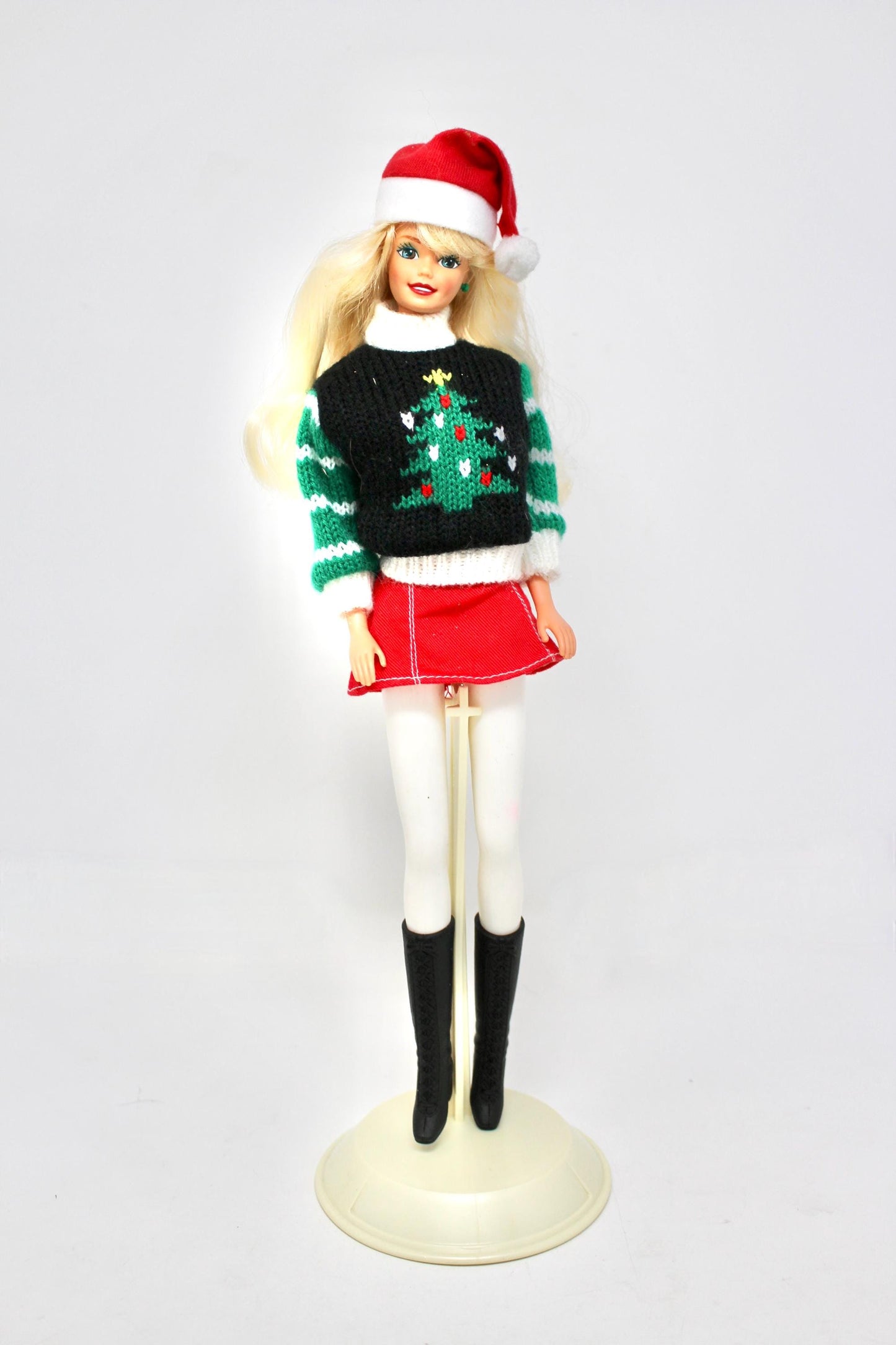 Vintage Holiday Season Barbie Doll, 1990s Holiday Barbie with Black Christmas Tree Sweater and Mini Skirt, Retro Barbie Kids Christmas Gift